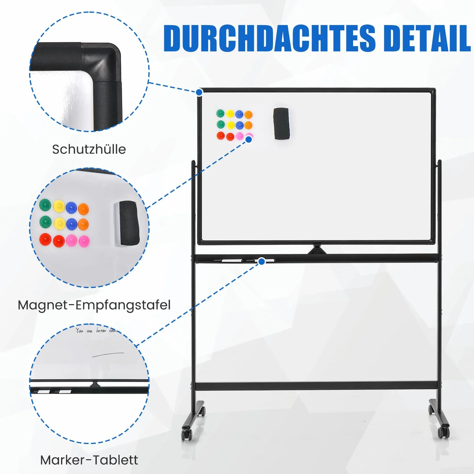 COSTWAY Dwustronna przenośna tablica suchościeralna, 120 x 80 cm, magnetyczna tablica suchościeralna z kółkami, stojakiem i półką na długopisy, w zestawie akcesoria do szkoły, biura, domu