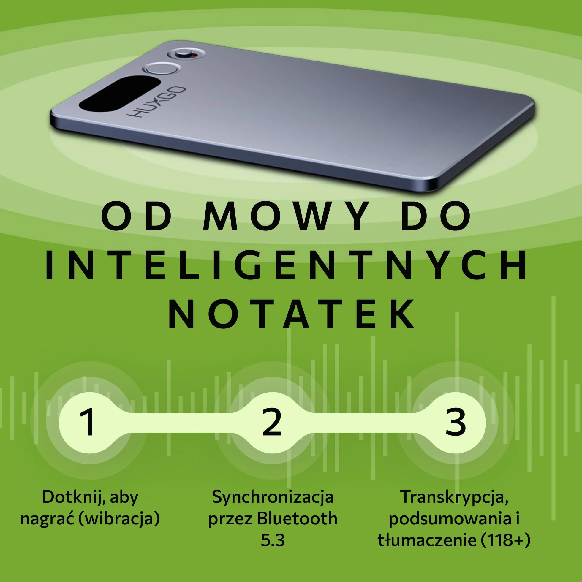 Dyktafon Cyfrowy AI 64GB z Podwójnym Mikrofonem i Redukcją Szumów – 35 h Nagrywania, Bluetooth 5.3, Aplikacja do Transkrypcji i Tłumaczenia (118+ Języków) - HUXGO®