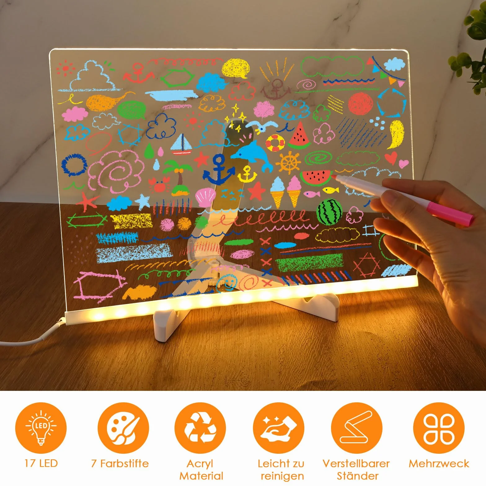Tablica kreślarska LED, 30 x 20 cm, świecąca deska kreślarska LED dla dzieci, z 7 kolorami i regulowanym stojakiem, zmywalna tablica do malowania LED, tablica do rysowania, notatek i reklam