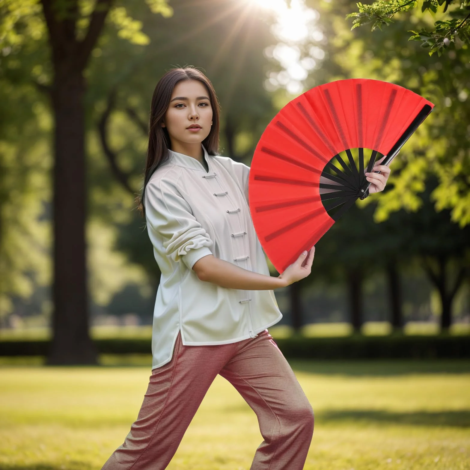 baotongle 2 duże składane jedwabne wachlarze ręczne, chińskie tai chi, składane, nylonowe, chińskie wachlarze Kung Fu, z uchwytem, rękawy, do tańca, na festiwal, 2 sztuki (czerwone)