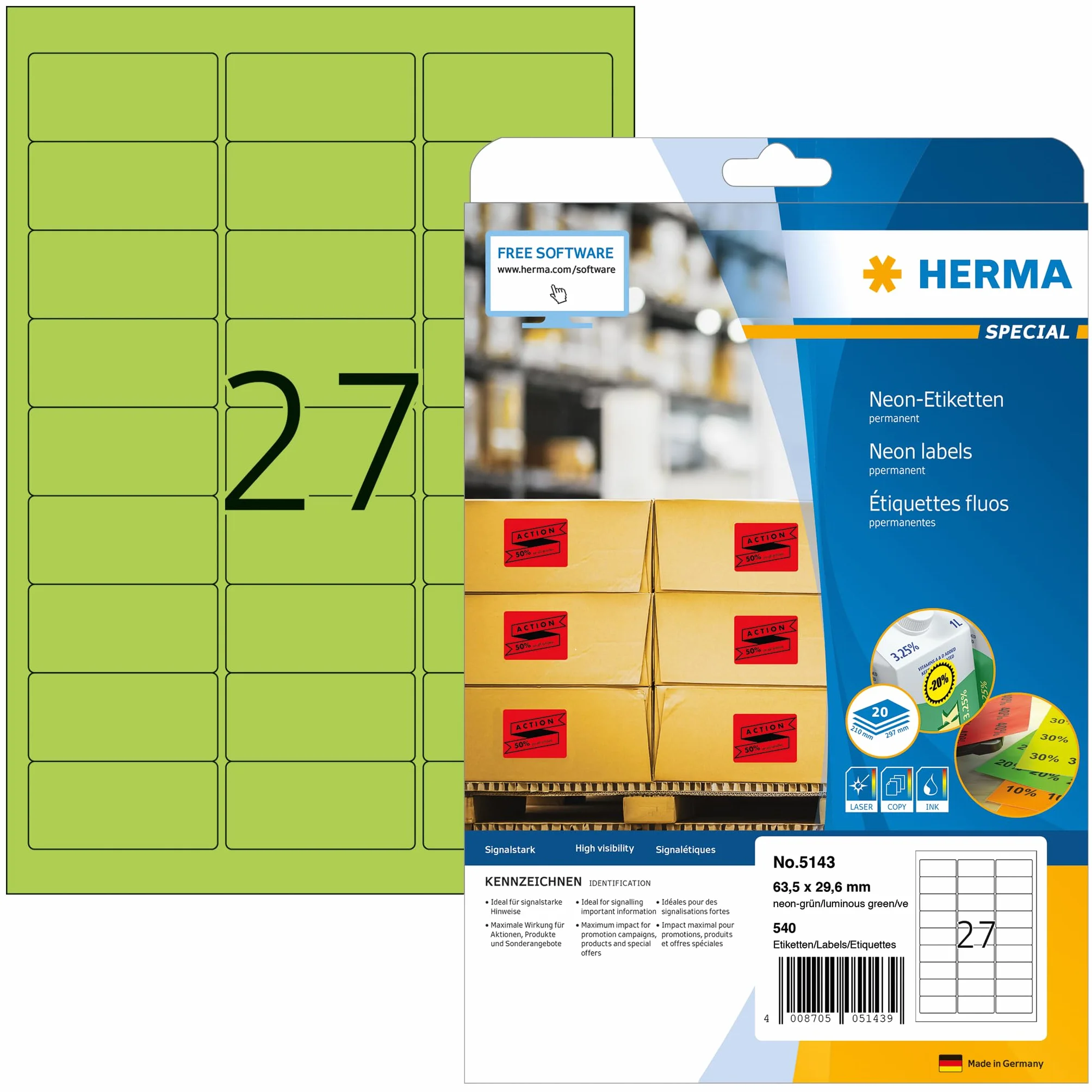 HERMA Samoprzylepne kolorowe etykiety, 27 etykiet na arkusz A4, 20 arkuszy, 63,5 x 29,6 mm, 540 etykiet, puste kolorowe etykiety, samoprzylepne etykiety do drukarek laserowych i atramentowych, neonowa