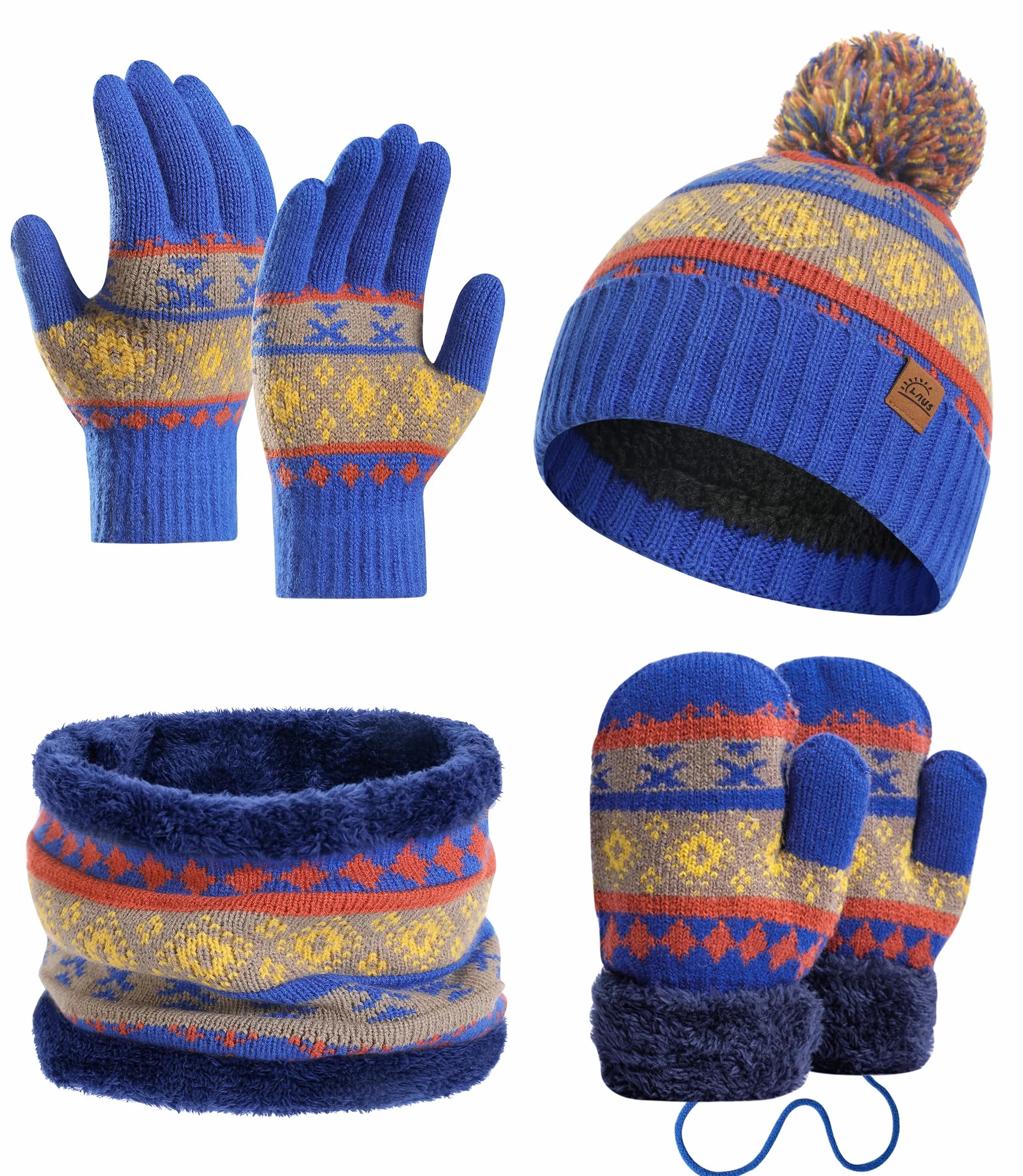 Dziecięca czapka, rękawiczki, szalik, zestaw 4 w 1, dla dziewcząt i chłopców, ciepła czapka beanie, czapka z pomponem, rękawiczki i szal z polarową podszewką, dla dzieci w wieku 3-8 lat