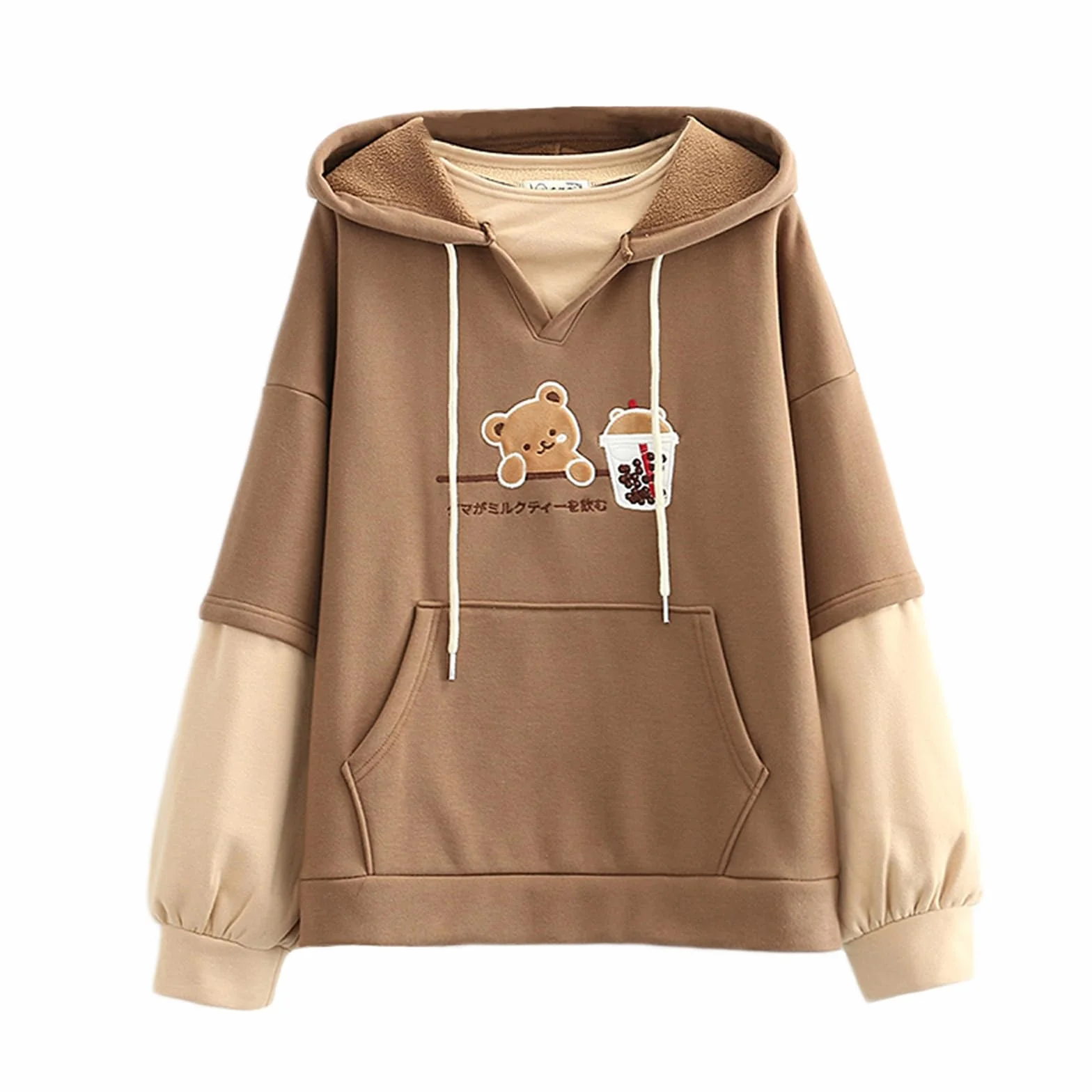 Kawaii bluza z kapturem dla nastolatków, uroczy niedźwiedź, mleko, herbata, łata, haft, pulower, topy z kapturem, dwuczęściowy, aksamitne luźne bluzy z kapturem, Brązowy, Jeden rozmiar