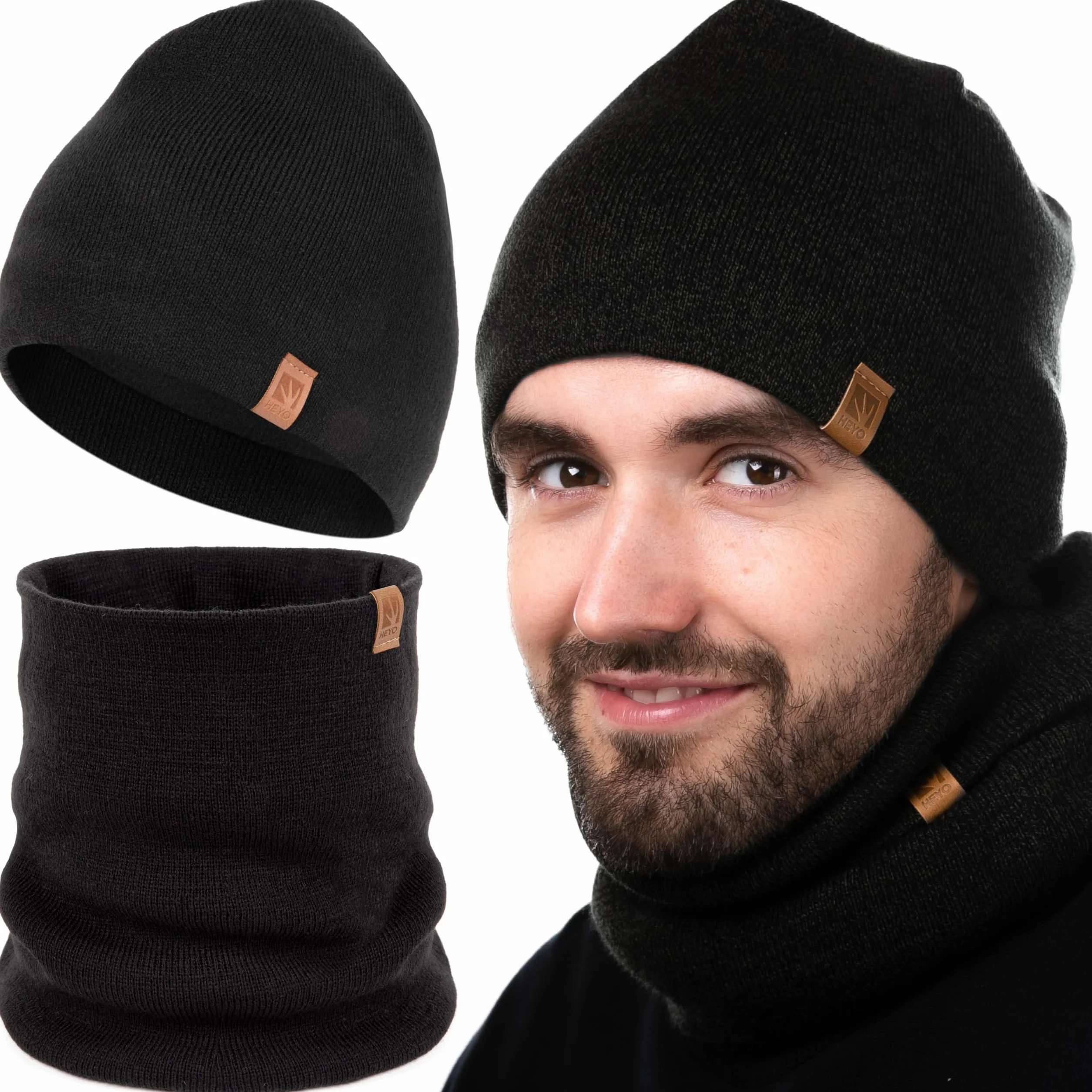 HEYO Męska czapka zimowa, ciepła czapka z dzianiny, melanż, szalik, okrągły szalik, miękka czapka zimowa z podszewką termiczną polarową, szal typu loop, ocieplacz na szyję, zestaw 2 szt