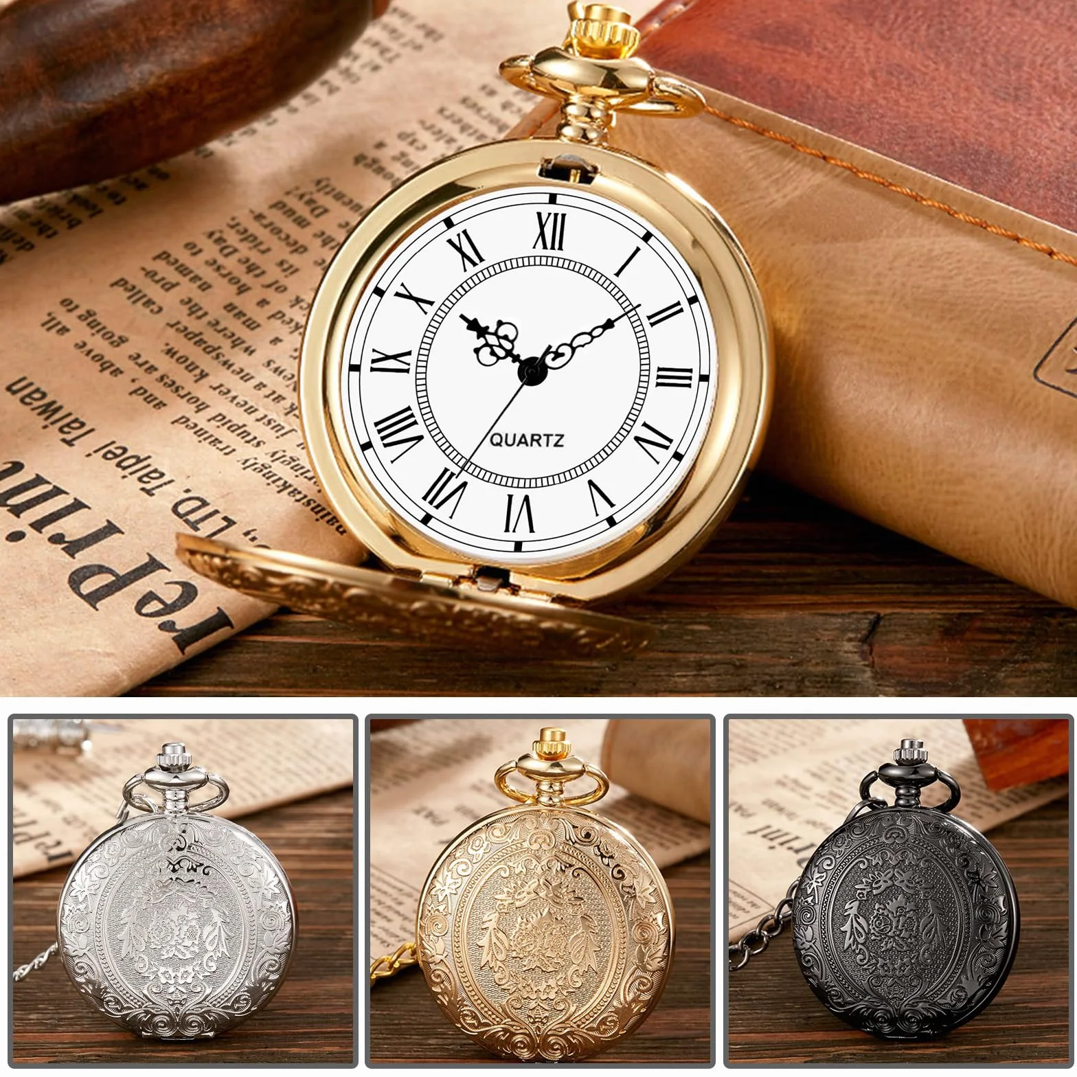 BYZESTY zegarek kieszonkowy w stylu vintage, 3 sztuki, retro kwarcowy zegarek z łańcuszkiem