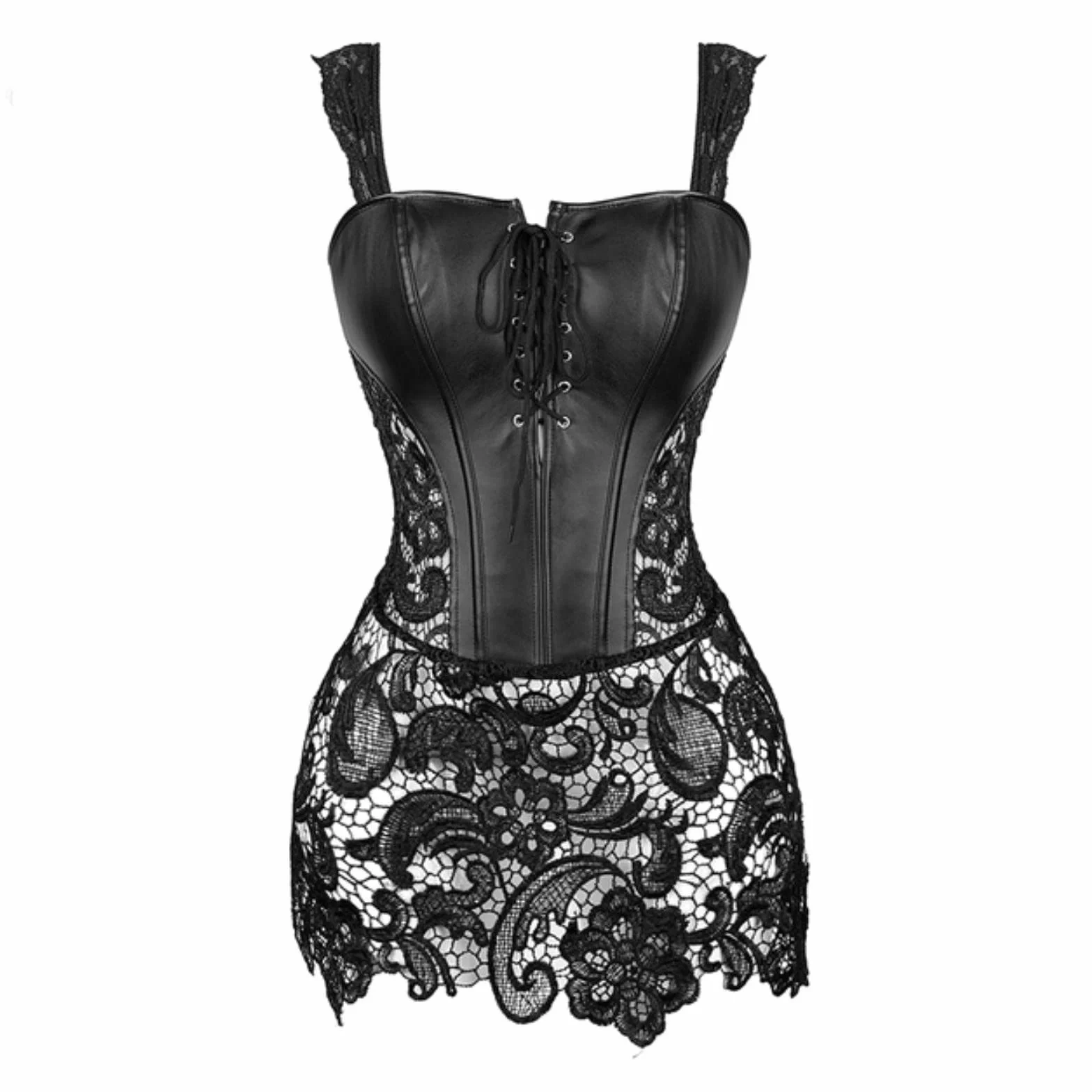 Czarne czerwone damskie gotyckie zasznurowane z przodu Punk Faux skórzany gorset z gorsetem Plus rozmiar komplety bielizny z G String