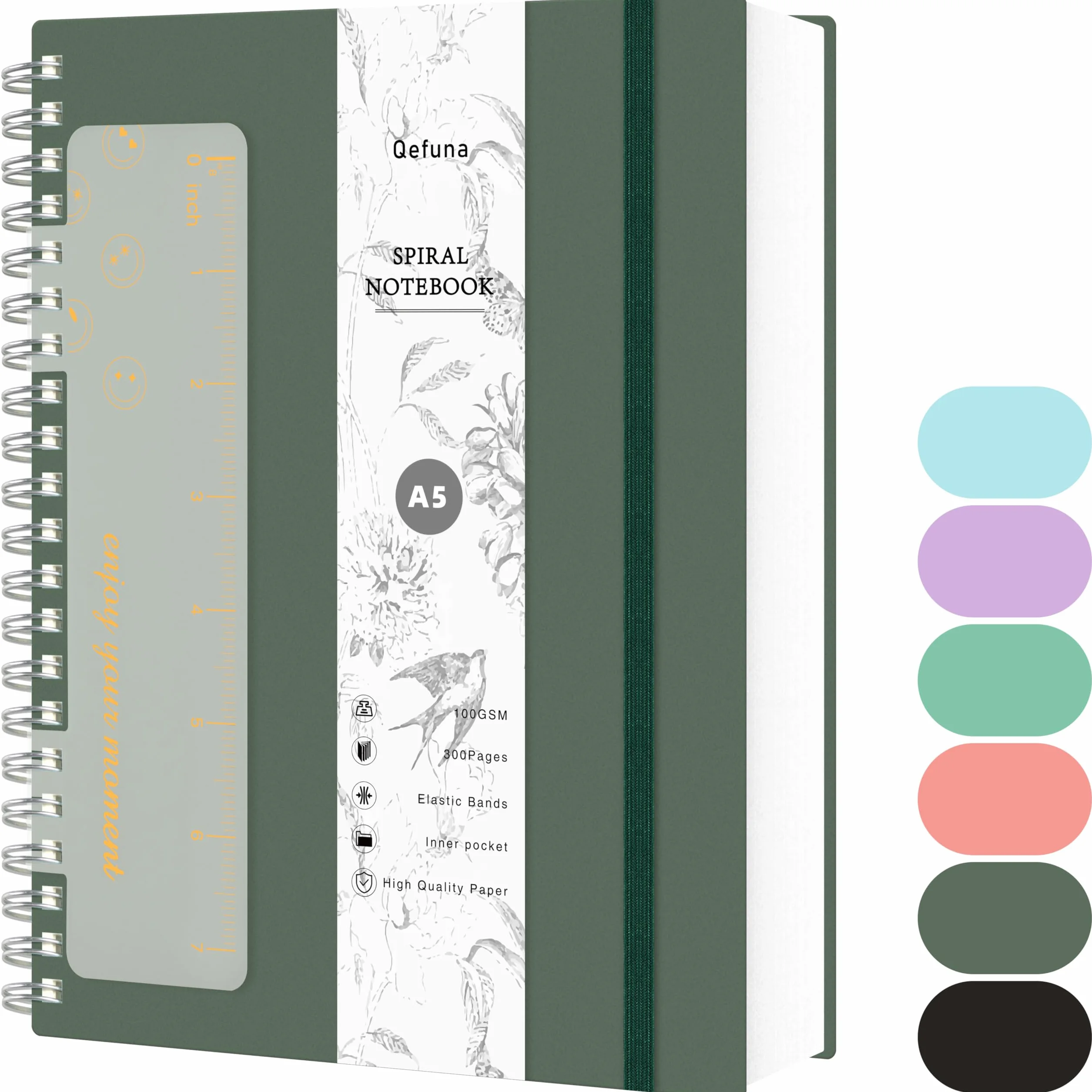 Notebook A5 kropkowane, Bullet Dot Journal, 300-stronicowe spiralnotizbuch, 100 g/m² Papier festiwalowy, pvc twarda okładka, z linijką, torby rozszerzające-Zielony