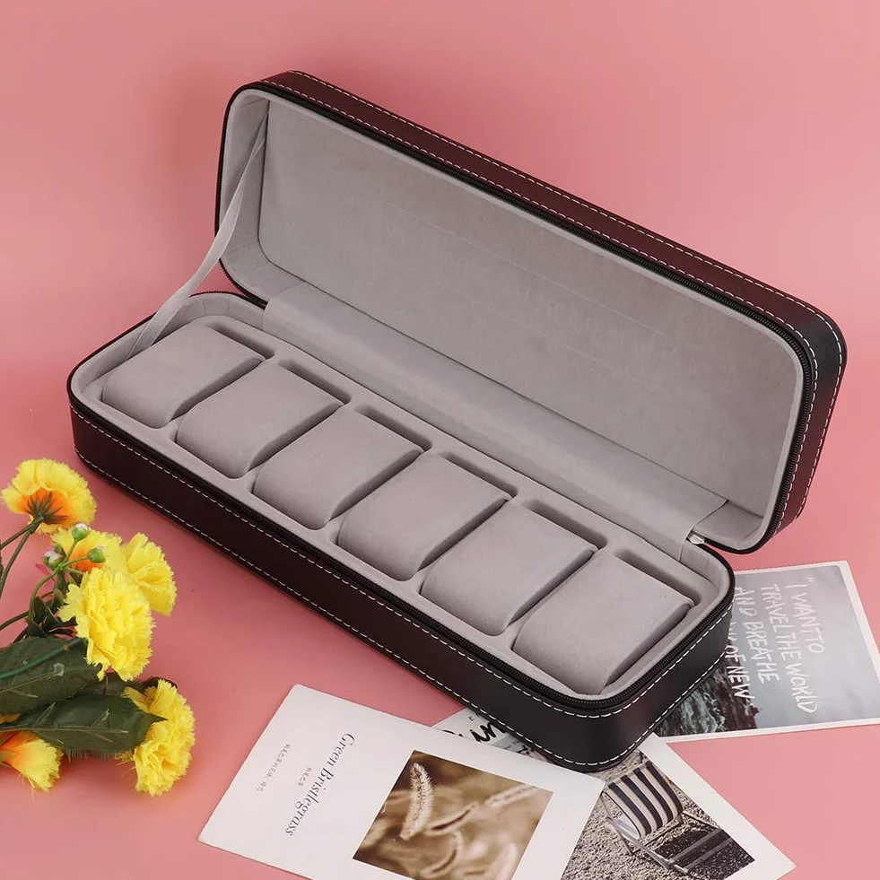 Watch Case, 6 Slot Watch Box PU Leather with Detachable Small Pillows, Watch Box for Men Watch Storage Home and Travel