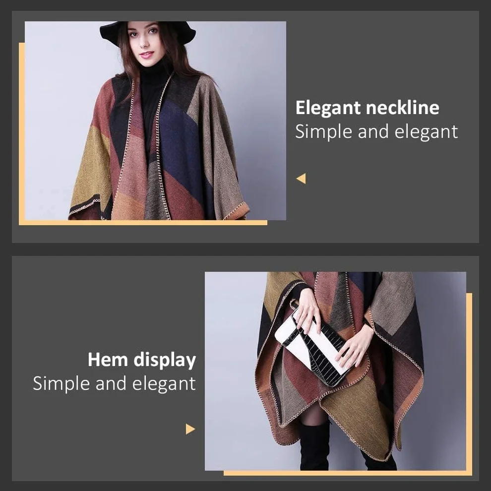 Women Poncho Cape Open Front Spring Cardigan Lady Reversible Free Size Cape Printed Oversized Warm Wraps Checked Knitted Tartan Blanket Bohemia Long Geometric Pattern Shawl