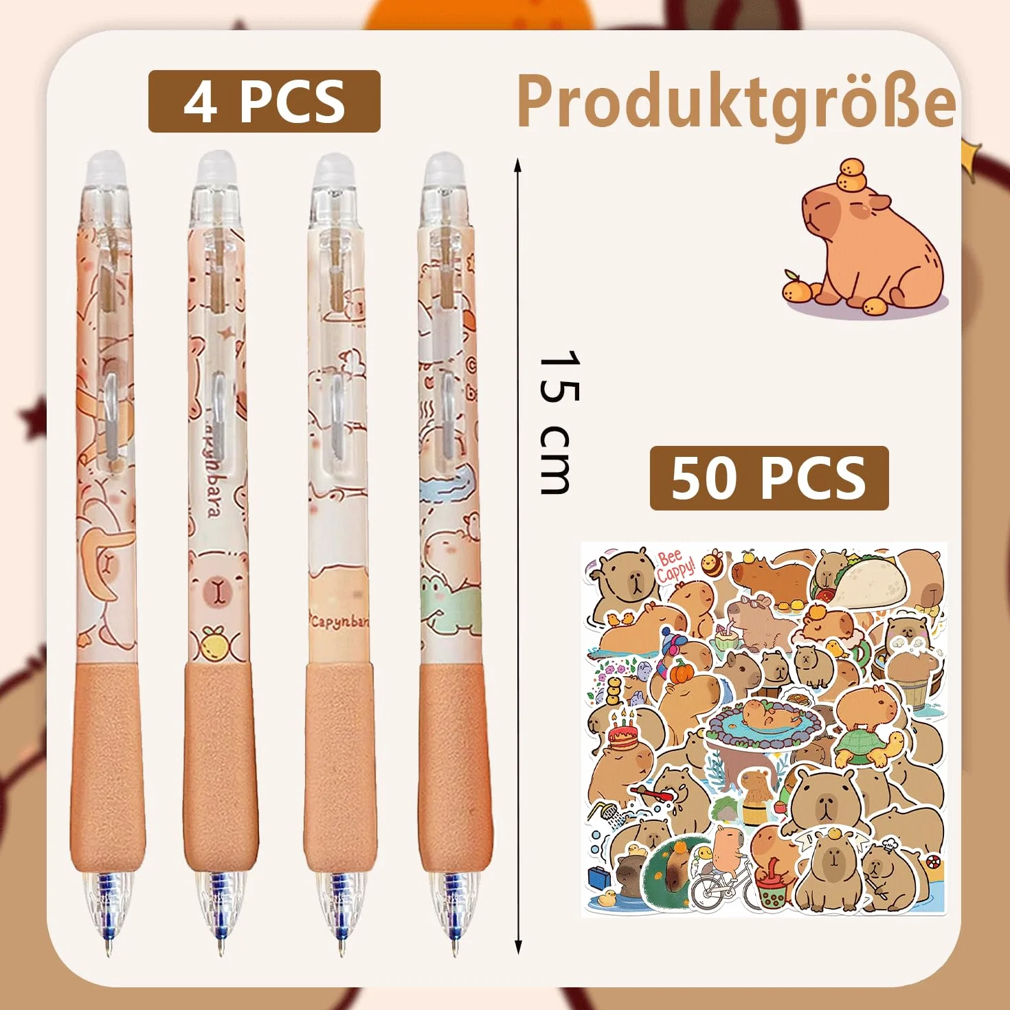 LEMONSTONE Capybara zestaw 4 pisaków do ścierania i 50 sztuk naklejek, niebieski atrament 0,5 mm, Capibara zestaw do ścierania długopisów do szkoły, biura, upominek Capybara (Capybara)