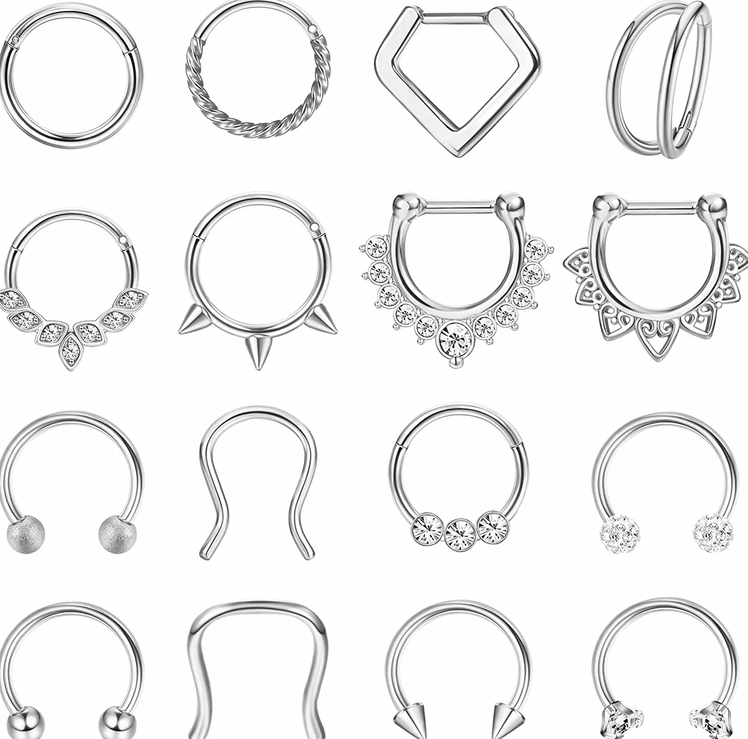 Adramata 16 sztuk kolczyków do piercingu przegrody nosowej typu septum, 16 g, kolczyk typu podkowa, stal nierdzewna, kolczyki do nosa, Hoop CZ (chrząstka, helix, tragus, septum, clicker, piercing 8