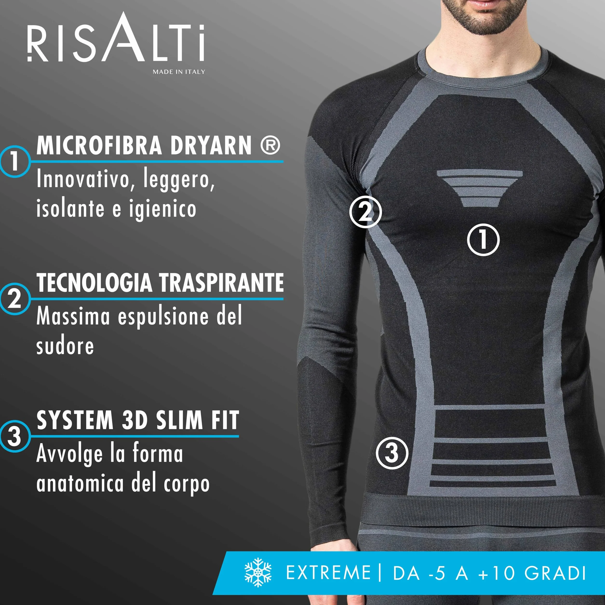 Risalti MęSka I Damska Koszulka Termoaktywna Extreme Unisex - OddychająCa Bielizna Termoaktywna Z DłUgim RęKawem, Bezszwowa Techniczna Odzież Zimowa - Made In Italy