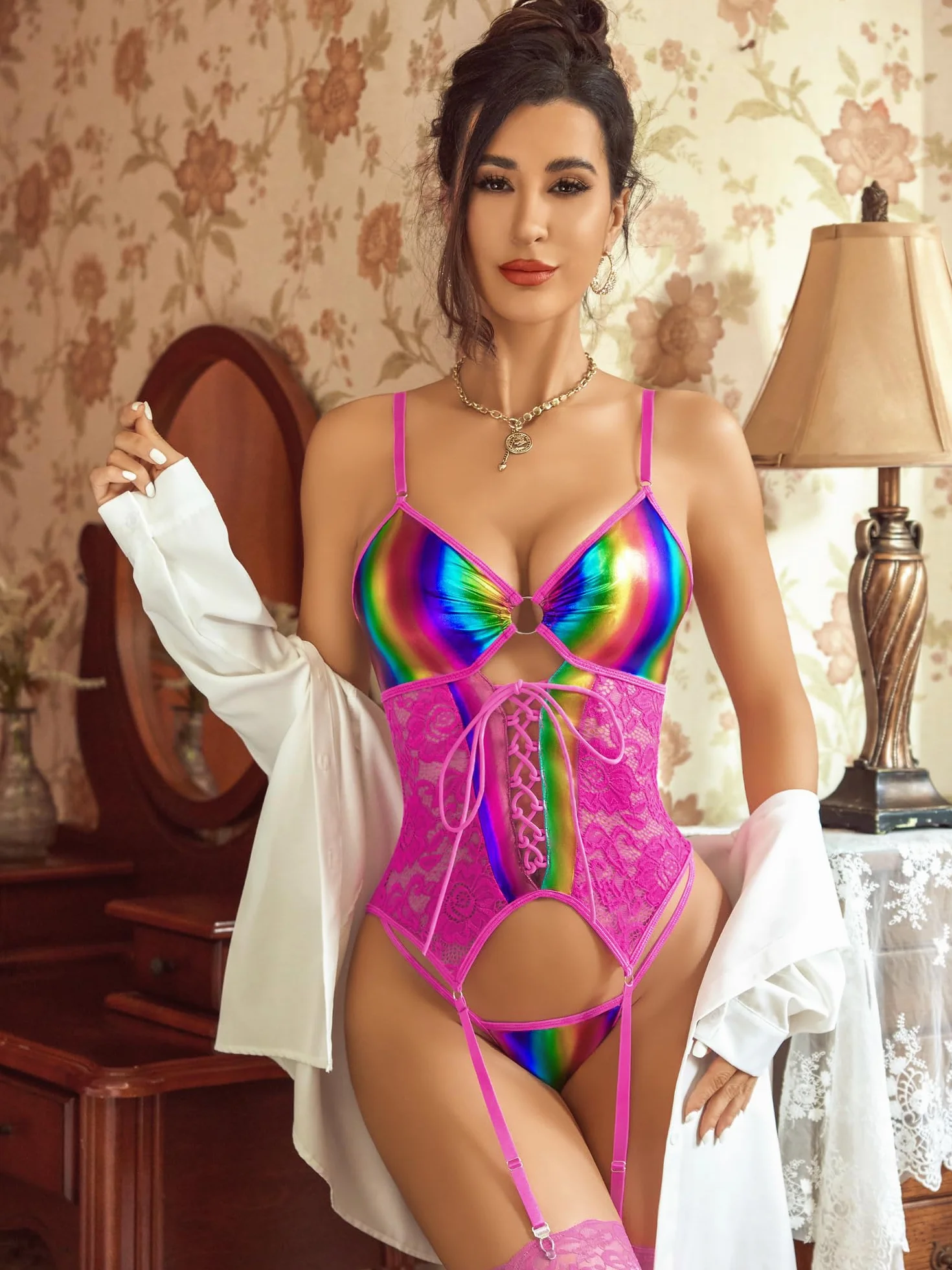 Avidlove Seksowny zestaw bielizny dla kobiet koronkowa bielizna pas do pończoch z regulowanymi ramiączkami Miś ze sztucznej skóry biustonosz i majtki push up bielizna nocna Babydoll z stringami