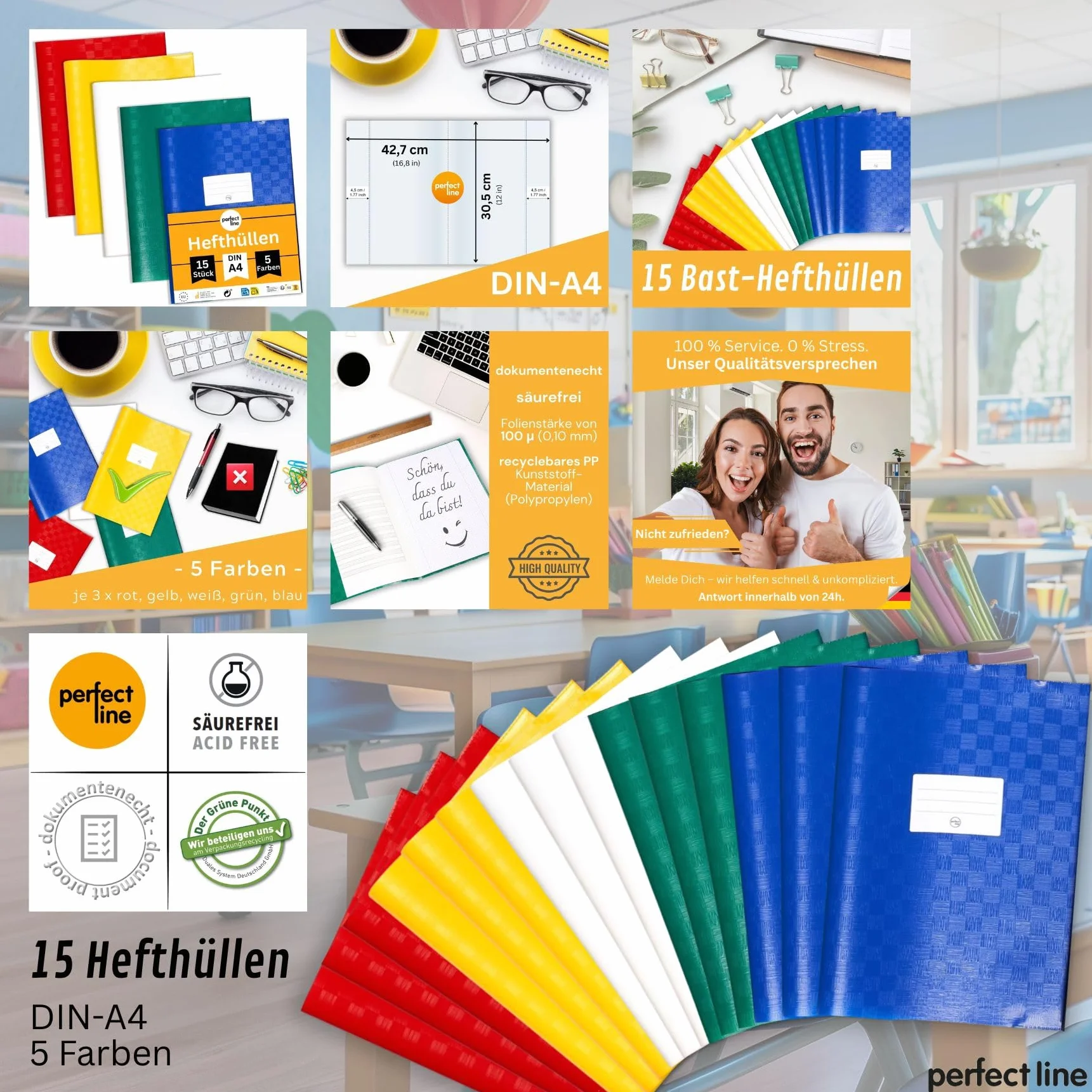 perfect line - 15 koszulek na zeszyty DIN A4, 5 kolorów, okładka z etykietą do opisania, ochraniacze z polipropylenu