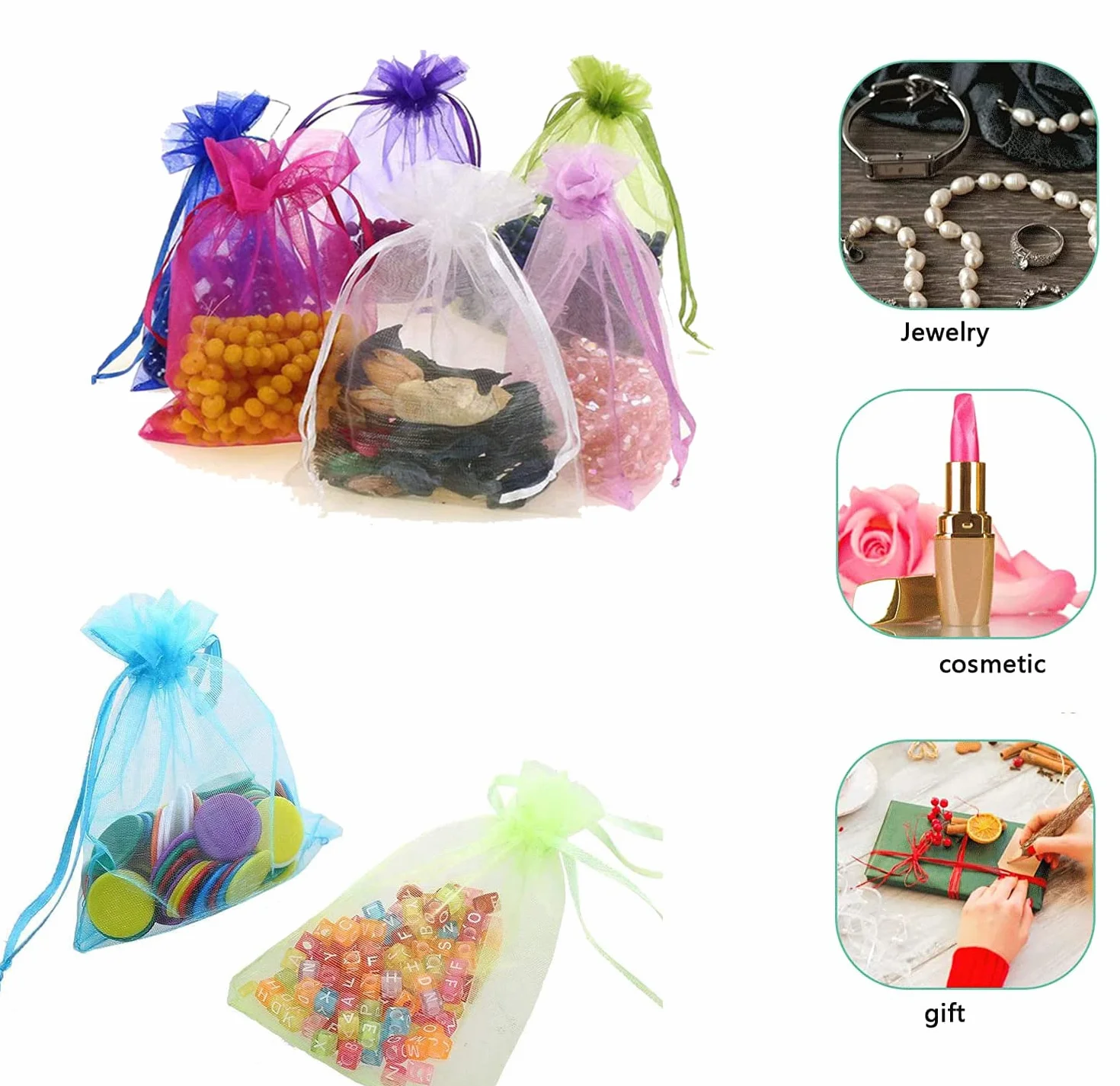 Intckwan 100 szt. 9 x 12 cm mieszane kolorowe torby z organzy, torby na prezenty z organzy ze sznurkiem, torba na biżuterię na lawendę, idealna do biżuterii na prezenty ślubne