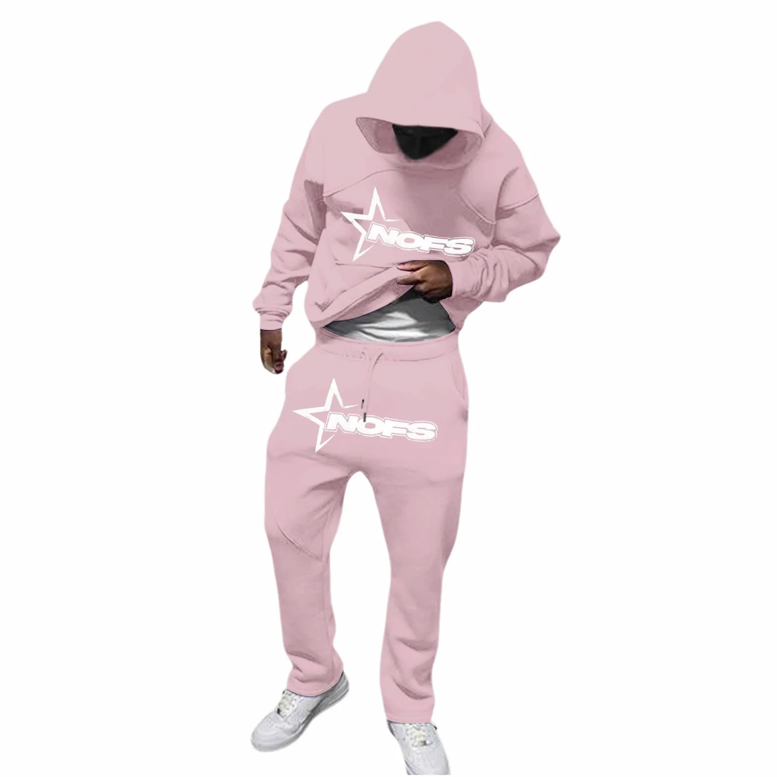 NOFS 2-częściowy męski dres do joggingu, Y2K, bawełniany, bluza sportowa z kapturem Y2K + spodnie Nofs, męski dres sportowy, strój treningowy w stylu Streetwear, S