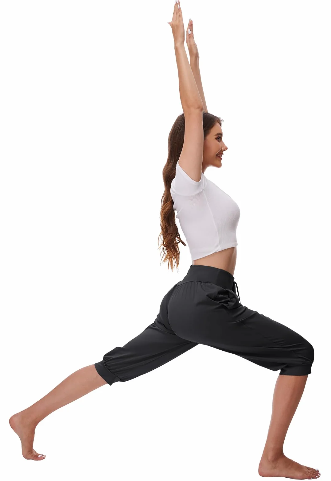 BATHRINS Damskie spodnie haremki 3/4 do jogi, spodnie do joggingu, spodnie capri, letnie spodnie do pilatesu, lekkie spodnie sportowe z kieszeniami, sznurek