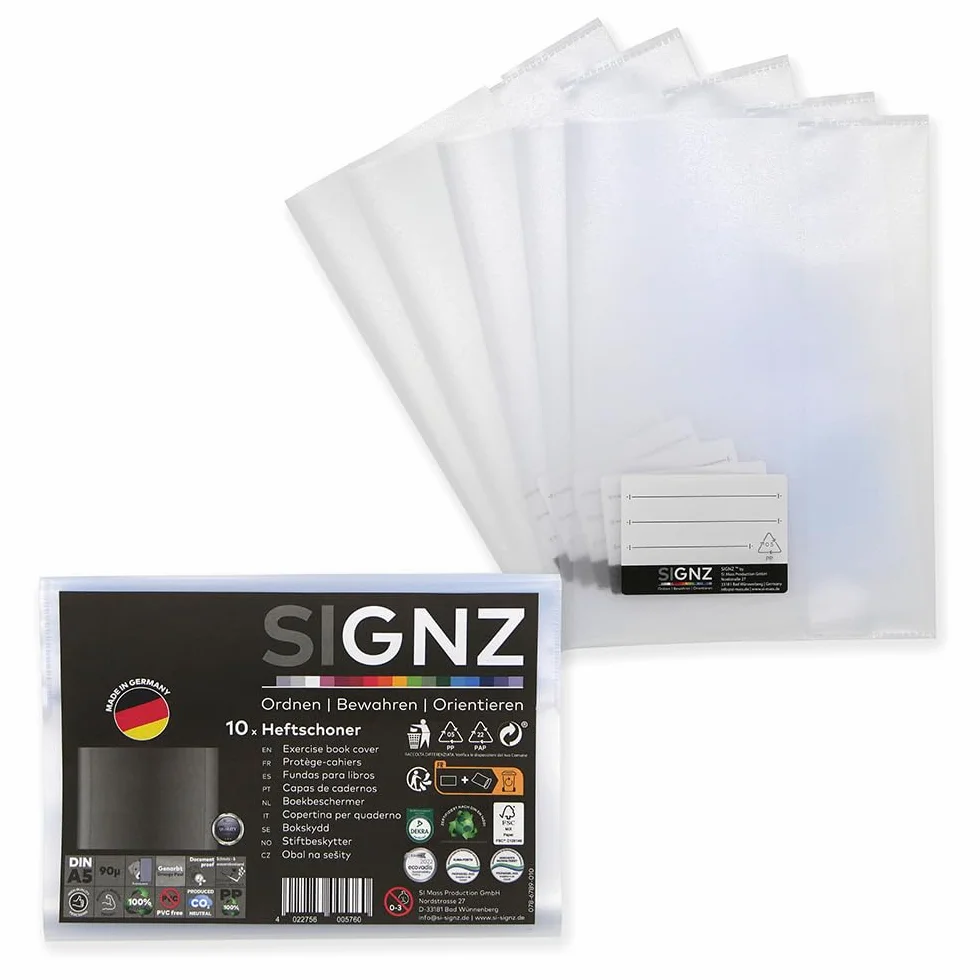 SIGNZ Ochraniacz na zeszyty DIN A5, 10 sztuk, pionowy, przezroczysty, mocny 90 my (0,09 mm), neutralny pod względem emisji CO2, wyprodukowany w Niemczech