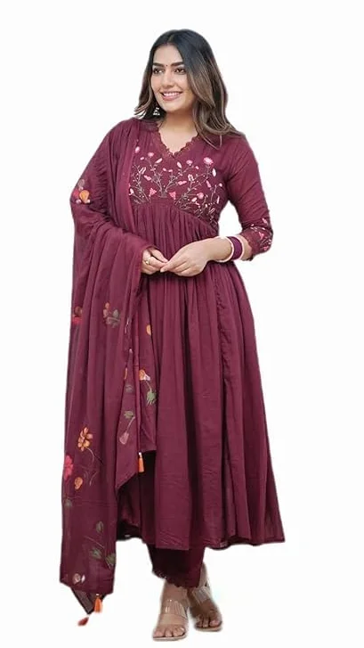 Damski haftowany Anarkali Kurta i Spodnie Zestaw z Nadrukiem Bawełny Malmal Dupatta i Koronką
