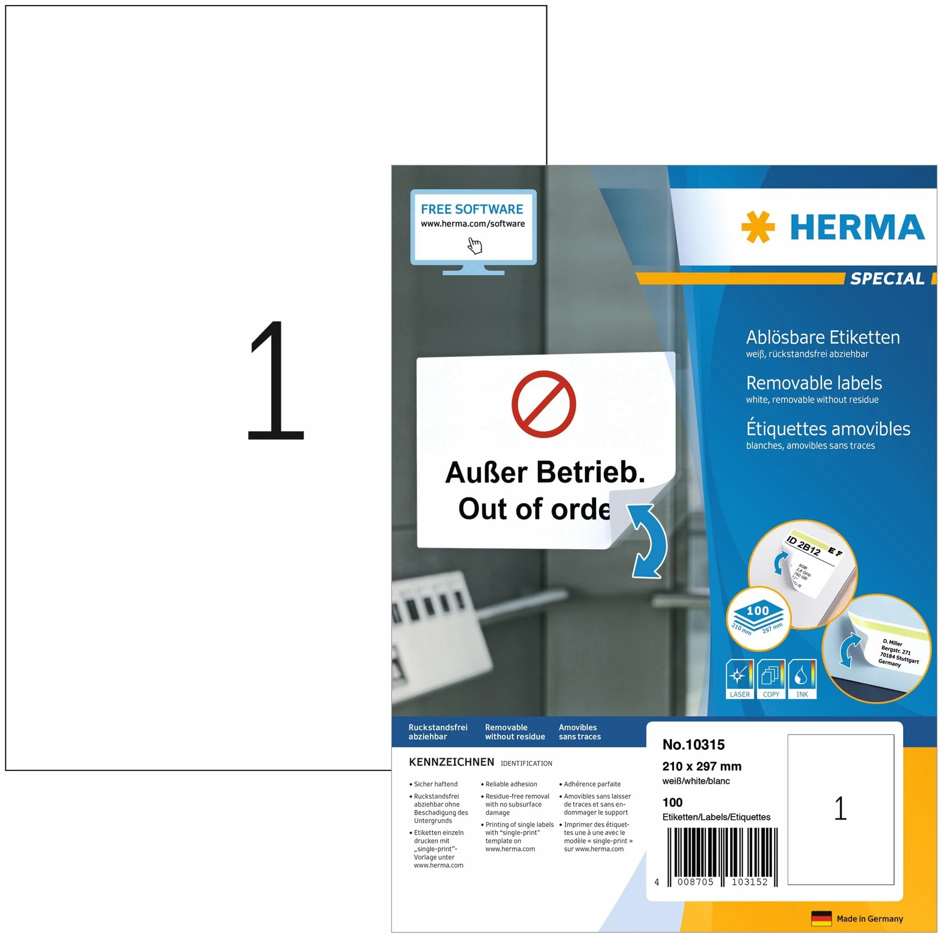 HERMA samoprzylepne usuwalne wielofunkcyjne etykiety, 1 etykieta na arkusz A4, 100 etykiet do drukarek, 210 x 297 mm (10315)
