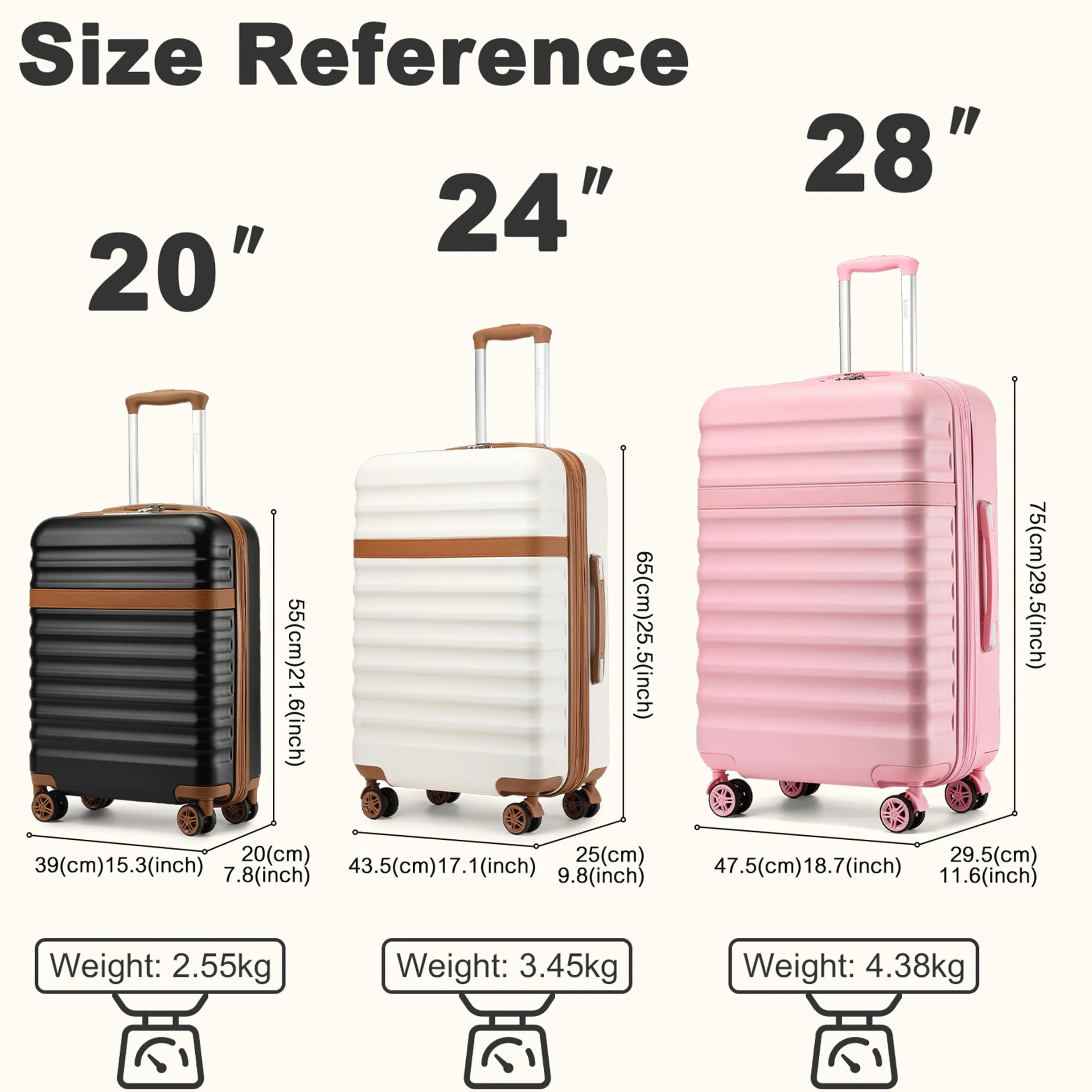 Kono Walizka podręczna ABS + PC Hardshell lekki bagaż podróżny z kółkami obrotowymi TSA Lock, Szary/brązowy, Medium-24 inch, Walizka podręczna ABS + PC Hardshell lekki bagaż kabinowy podróżny