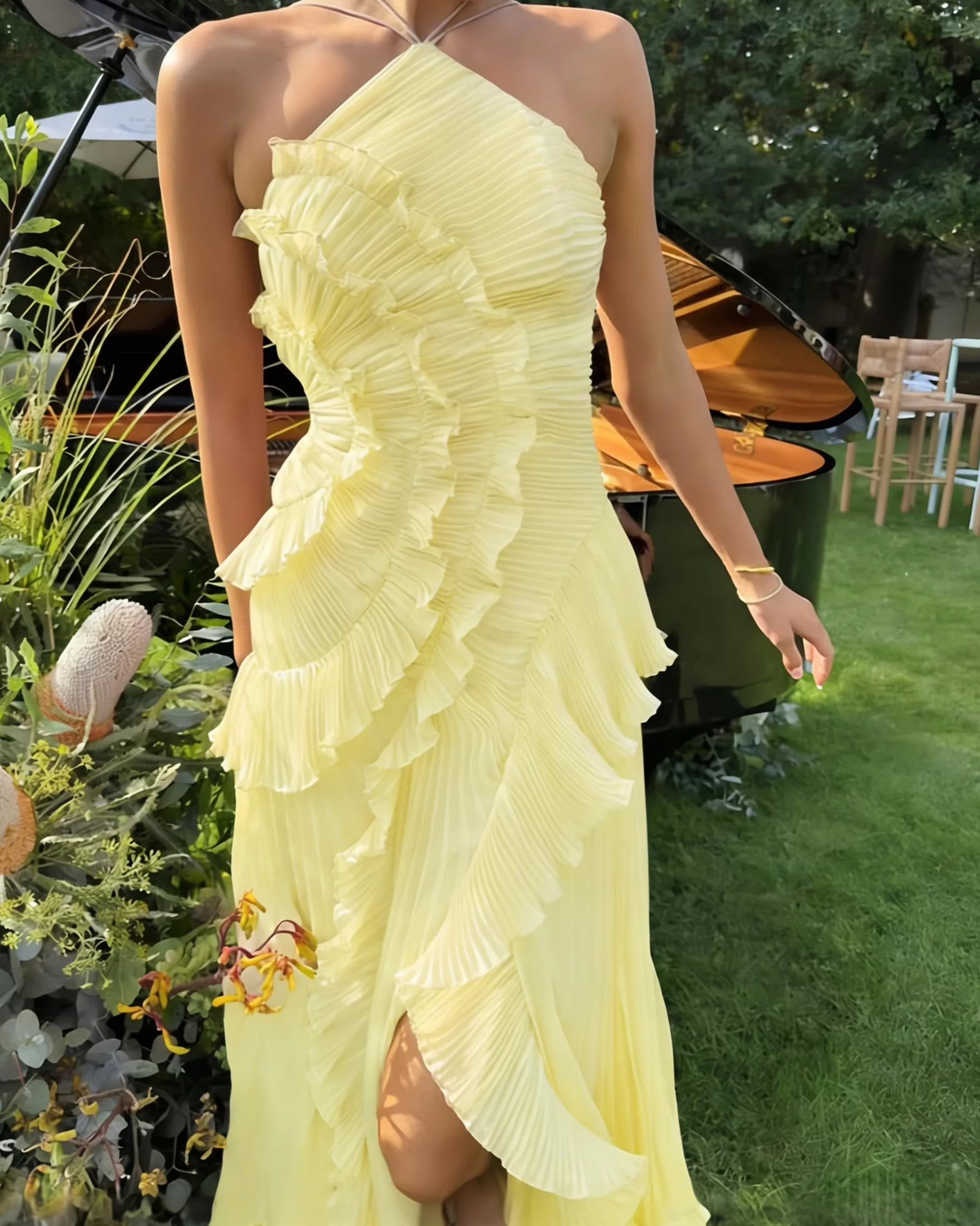 Plisowana sukienka maxi Lotus Edge dla kobiet, bez pleców, bez rękawów, asymetryczna, marszczona, wielowarstwowa, elegancka, formalna sukienka
