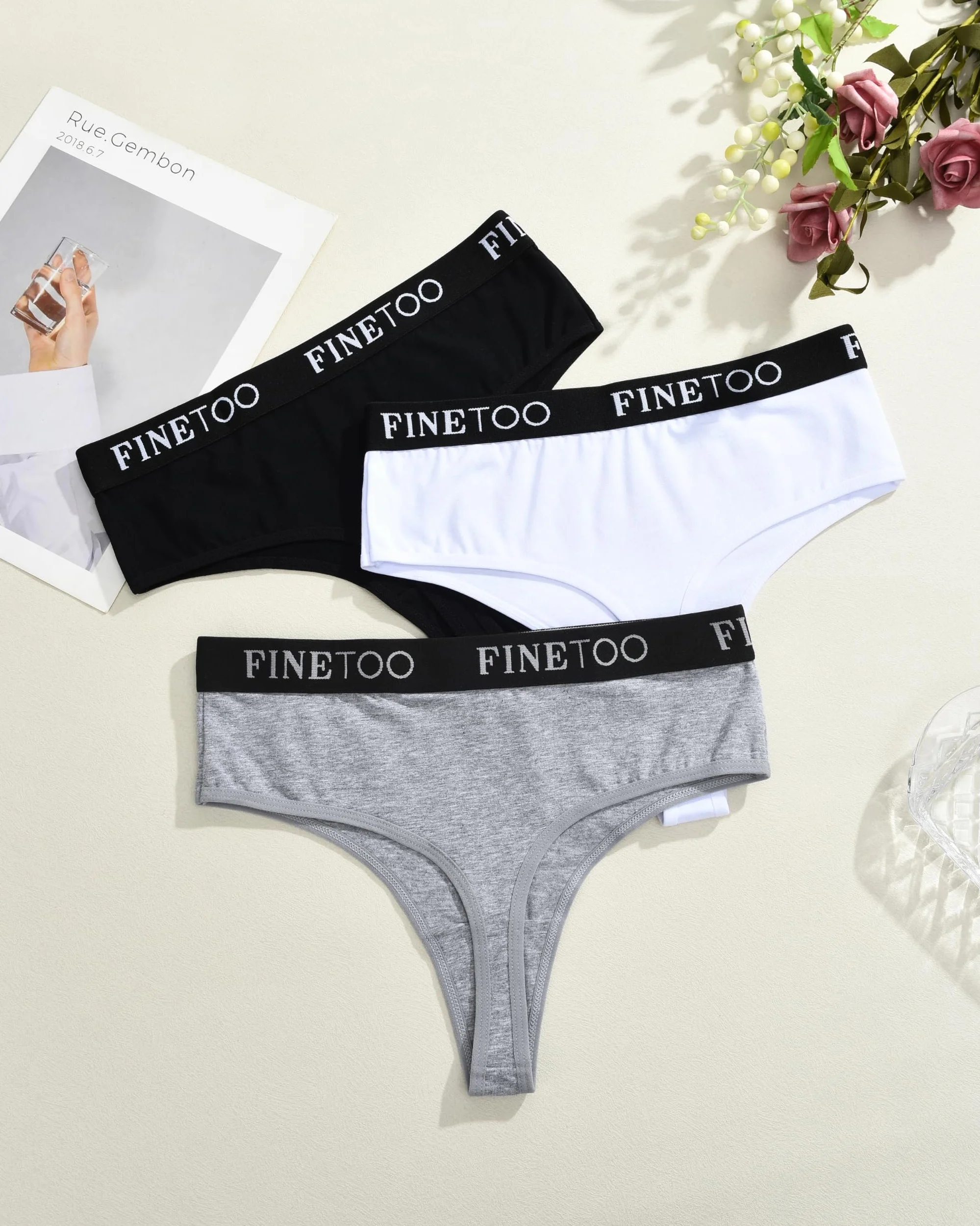 FINETOO Bawełniane stringi damskie majtki z wysoką talią, sportowy ściągacz, majtki dla kobiet, wielopak, rozmiar S-XXL