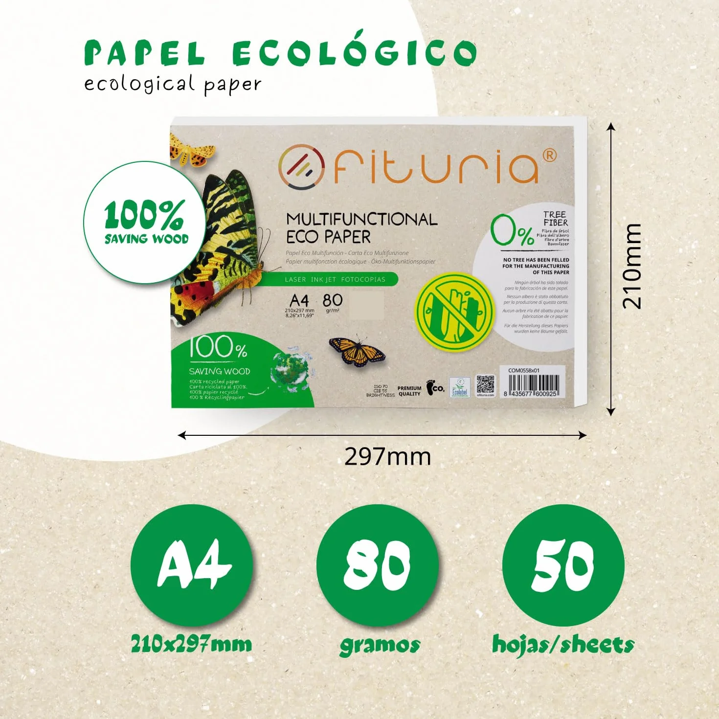 Papier z recyklingu A4, 80 g, 50 arkuszy w 100% z papieru z recyklingu, opakowanie z papieru z recyklingu, DIN A4, naturalny kolor, nadaje się do drukarek laserowych i atramentowych, Ofituria (50