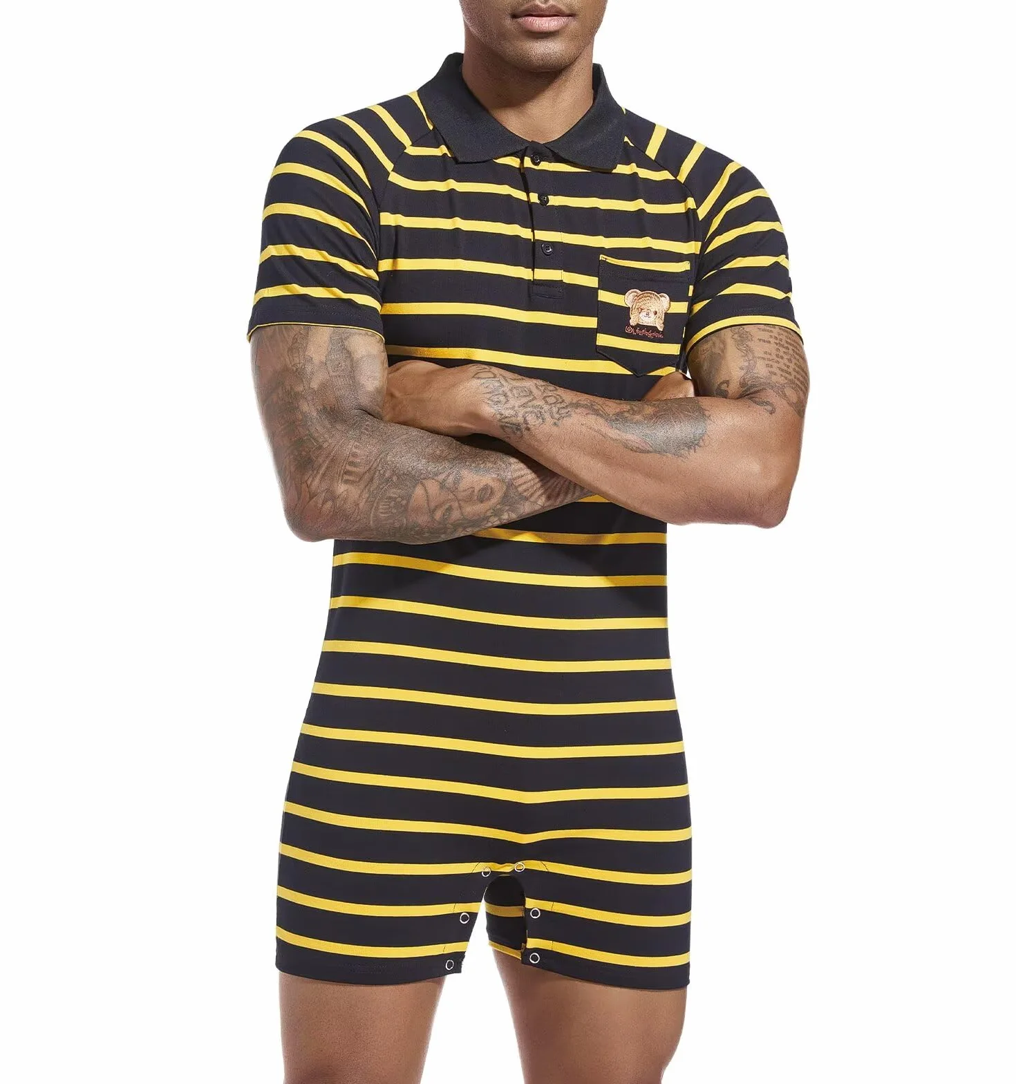 Landofgenie Onesie Piżama Męskie Krótki Rękaw Bawełniany Romper Jednoczęściowy Body Striped Romper dla Mężczyzn