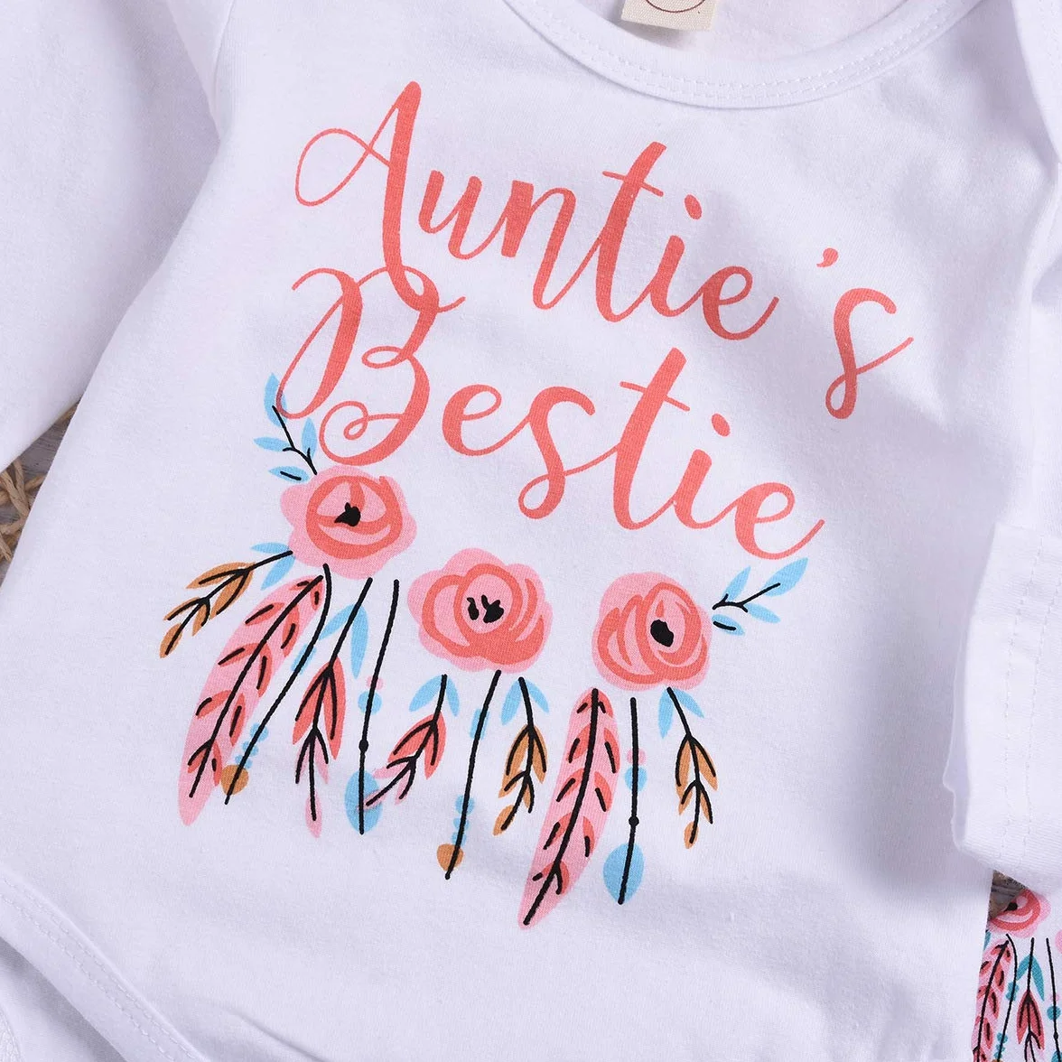 Baby Girl Ubrania Ciocia Bestie Romper Top + spodnie kwiatowe + czapka 3-częściowy zestaw ubrań dla niemowląt