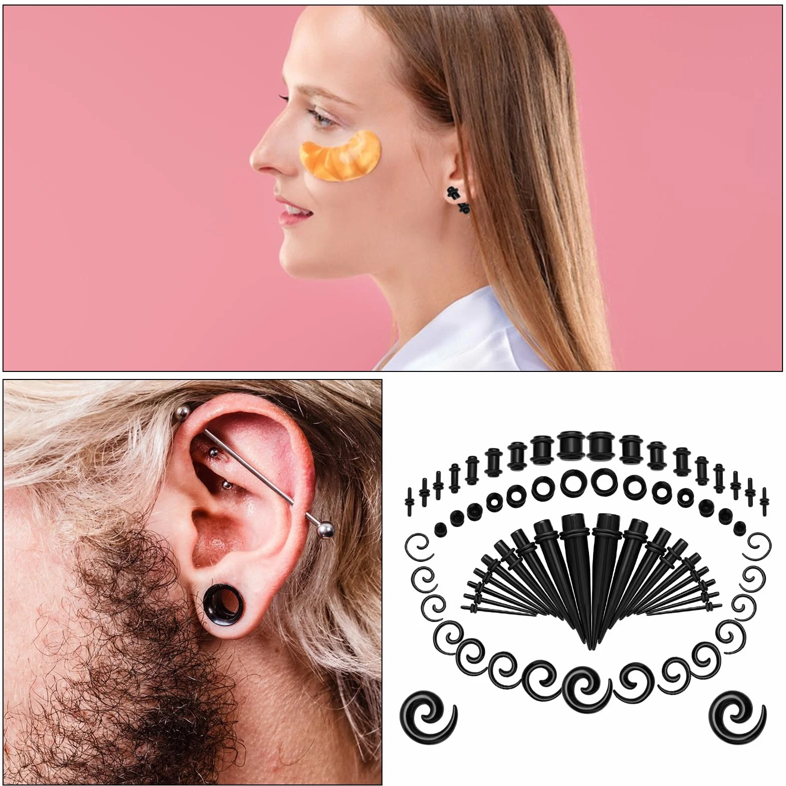 68 sztuk spiralnych kolczyków do piercingu, zestaw biżuterii 1,6-10 mm, rozpychacz do uszu, zestaw do piercingu ciała, dla mężczyzn i kobiet, Tworzywo sztuczne
