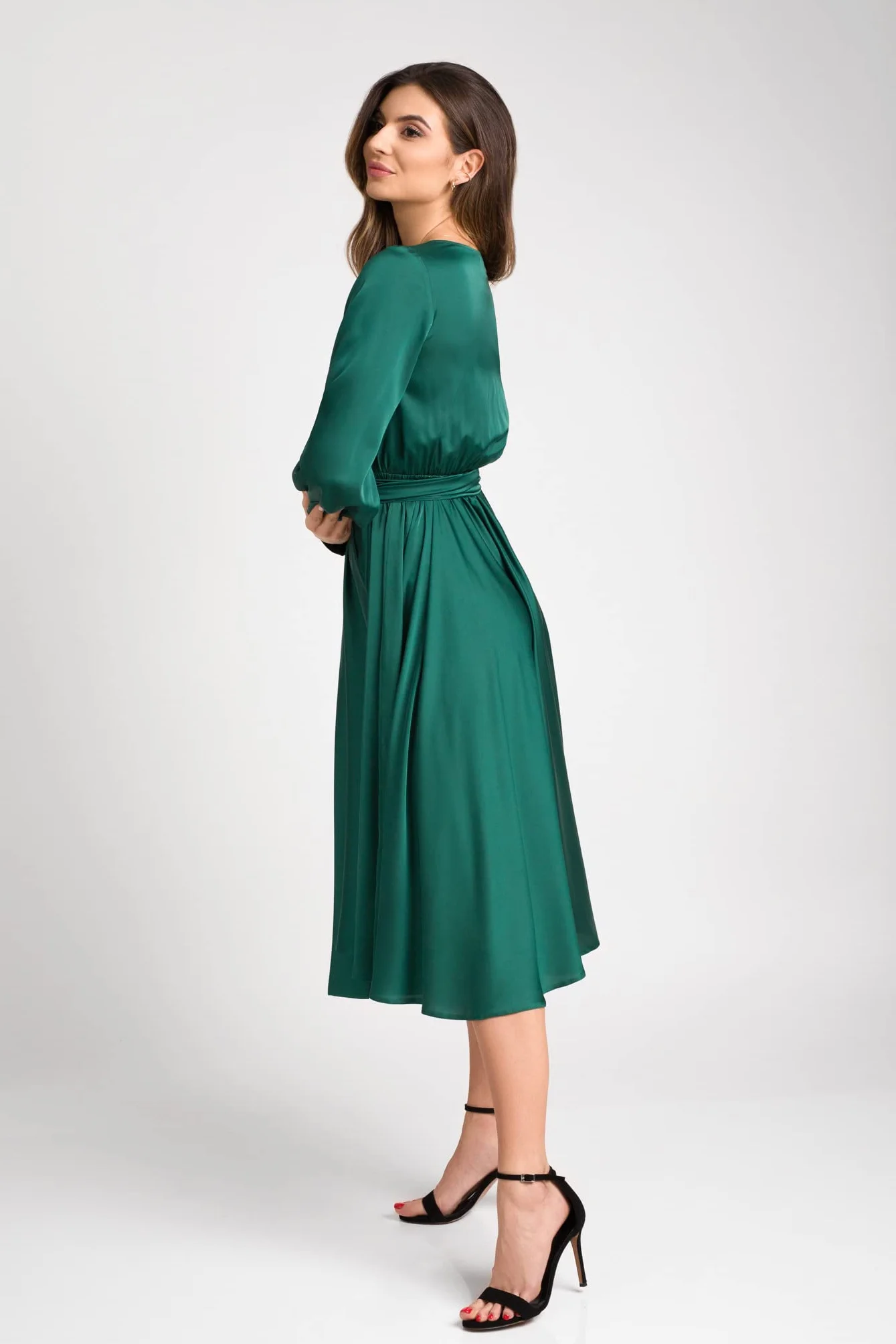 Swing Fashion Sukienka midi damska, elegancka sukienka, odświętna, na imprezę, wieczorowa, na wesele, bal, dekolt w serek, z długim rękawem, beżowa, rozm. 36 (rozmiar S) Kobiety Allison