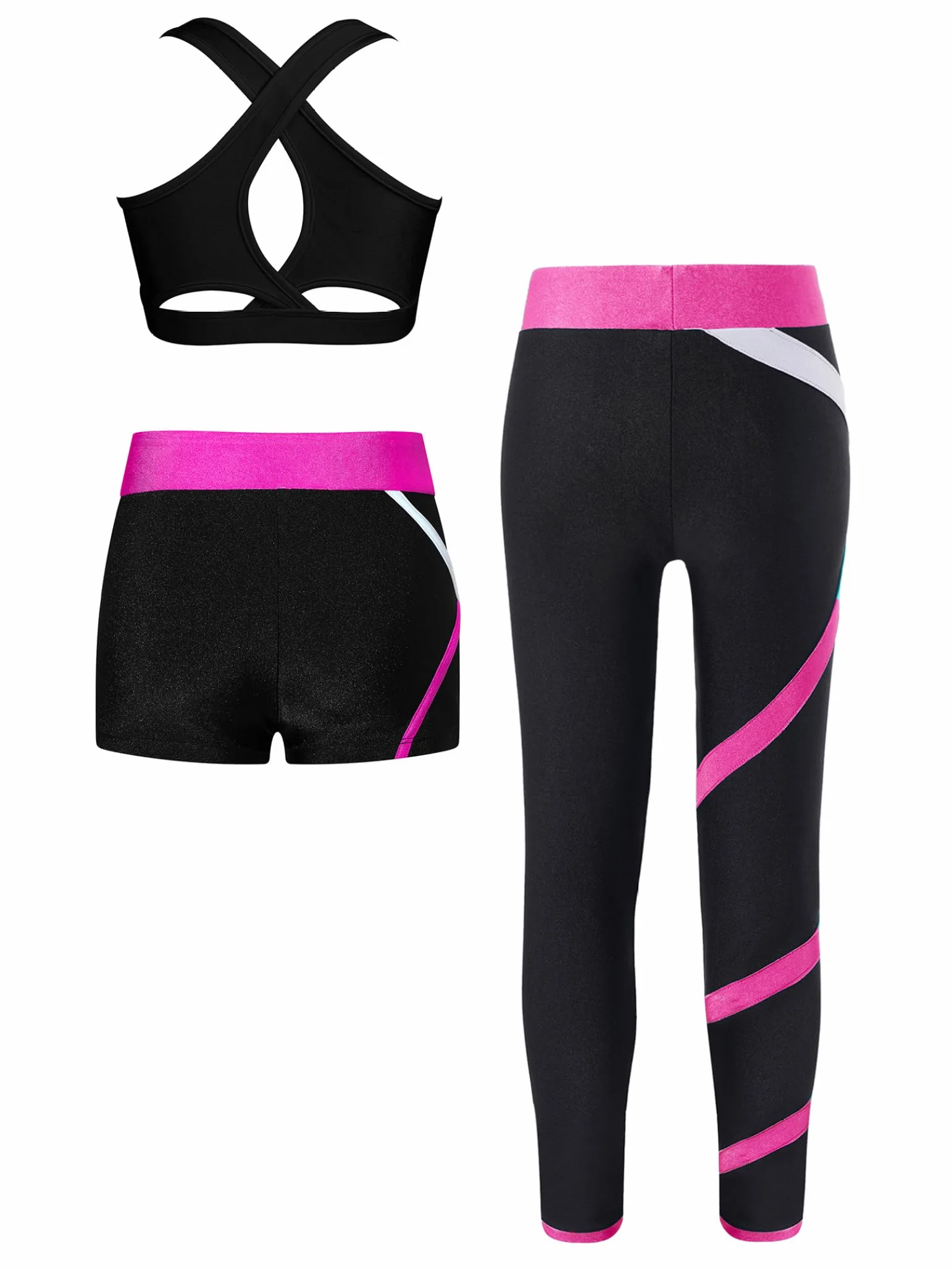 Dziewczęcy dres treningowy, sportowy biustonosz, spodnie do biegania, legginsy, szorty 3-częściowe, odzież sportowa, fitness, siłownia, joga, bieganie, taniec, trening, zestaw odzieży 5-16 lat