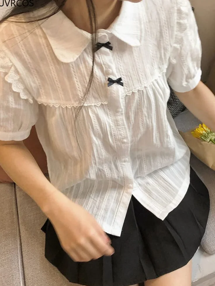 Biała koronkowa bluzka damska gotycki styl preppy vintage kołnierz Piotruś Pan koszula z krótkim rękawem dziewczyna lato śliczny top