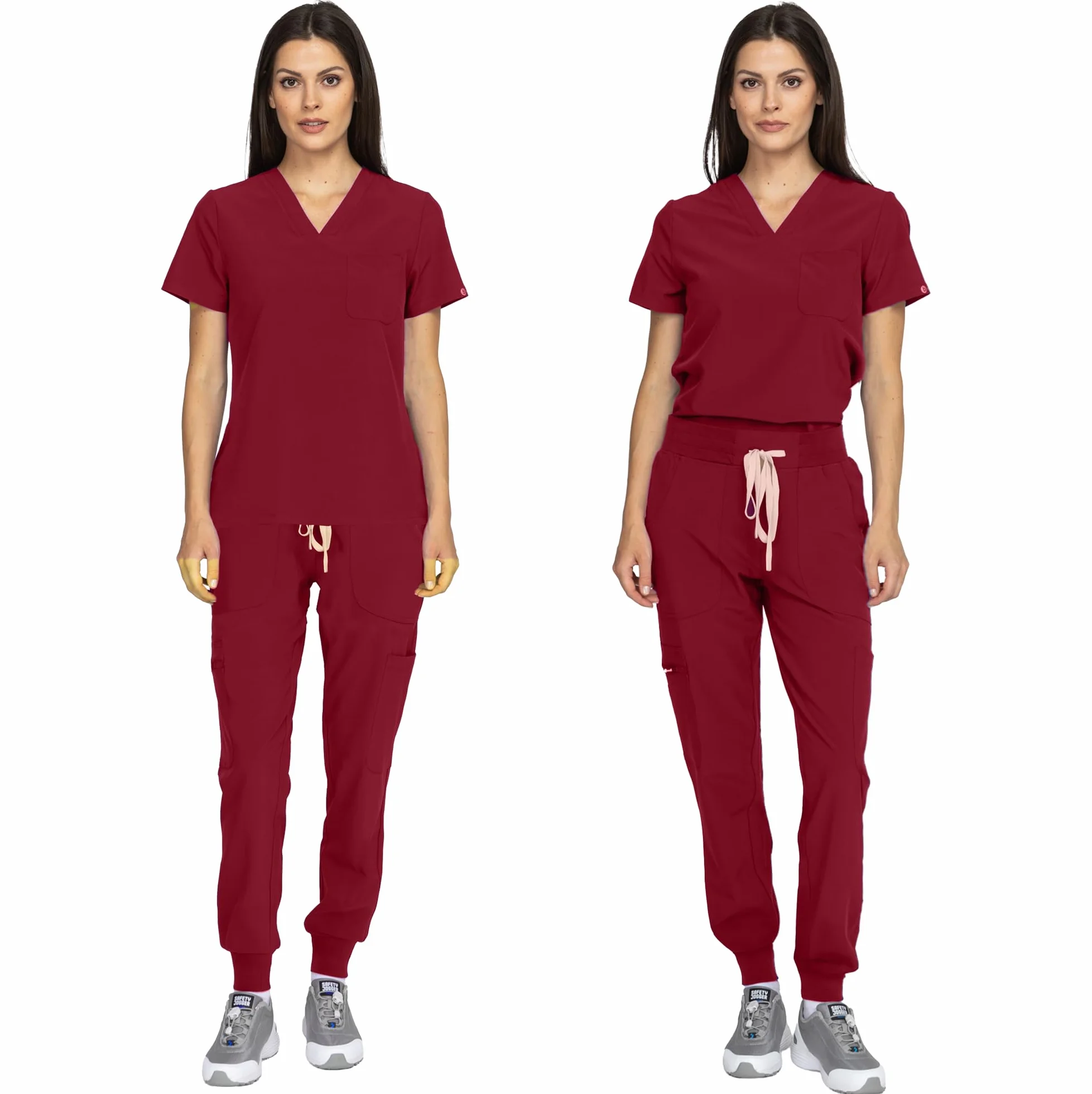 B-well Naomi Damen-Schrubb-Set Schlupfkasack + Schlupfhose Set Medizin Arzt Uniform Schlupfjacke Oberteil mit Hose Medizinische Berufsbekleidung mit Elastan (Burgund, L)