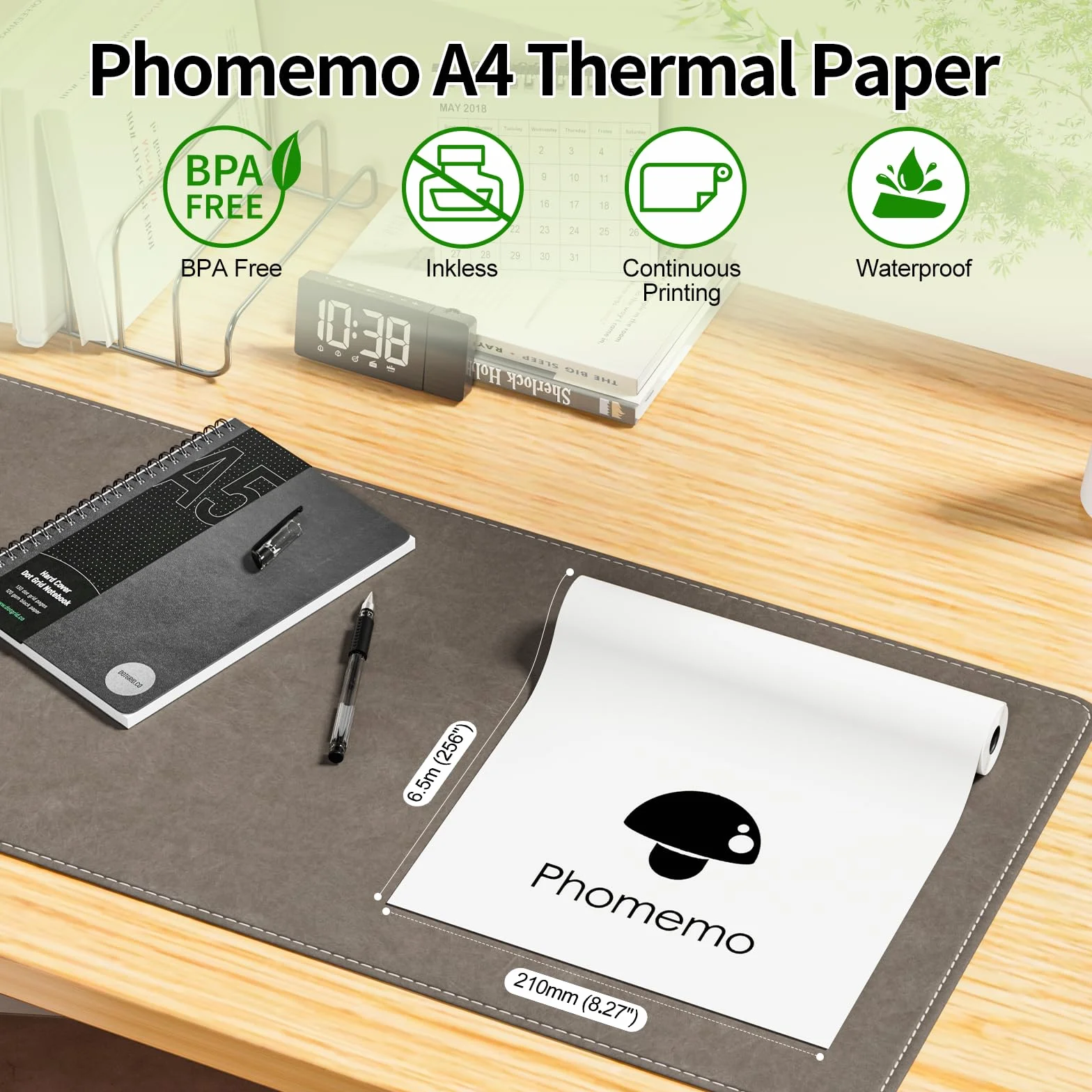 Phomemo Papier termiczny do drukarki - A4 Size papier, 210 mm x 6,5 m, kompatybilny z Phomemo M08/P831/M832/M833/M834, przenośna drukarka A4, do podróży, domu, zdjęcia, rachunku, umowy, 4 rolki