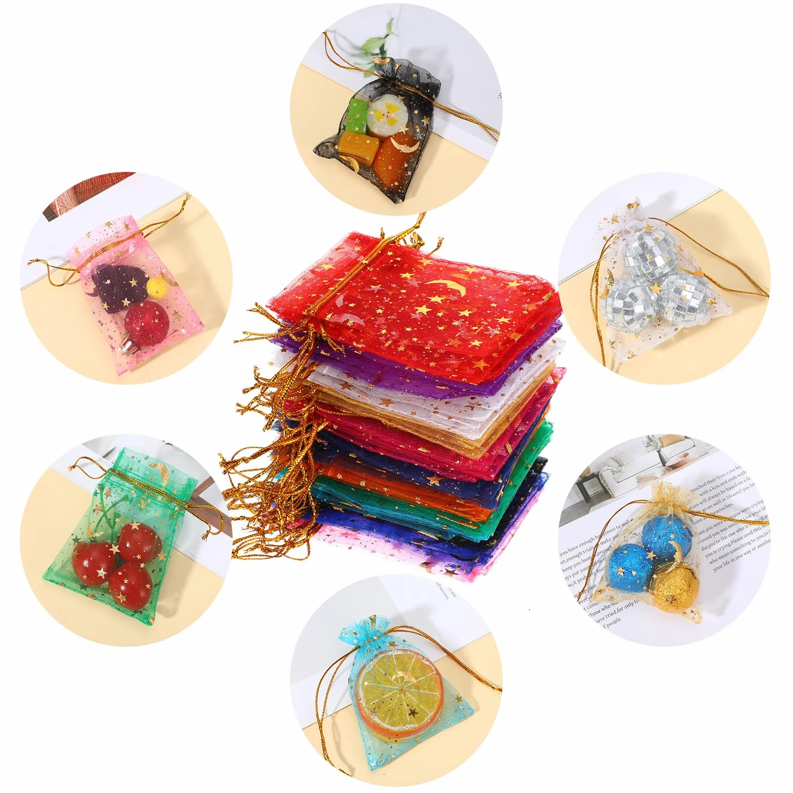 JJUNW Woreczki z organzy, 120 sztuk, 10 kolorów, woreczki z organzy ze sznurkiem, 9 x 7 cm, małe woreczki na prezent, na wesela, słodycze, biżuterię, kryształy, urodziny, prezenty dla gości, do