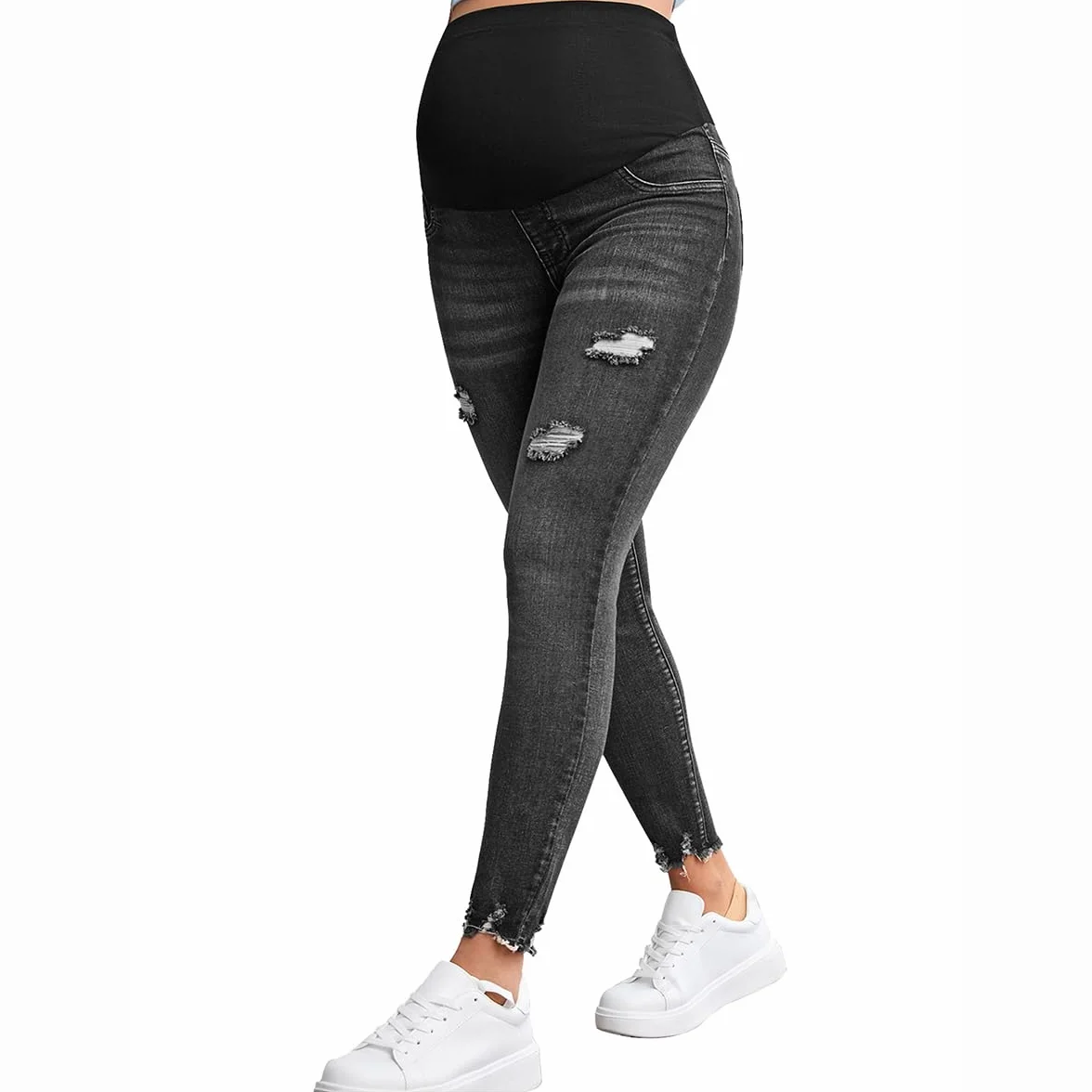 Dżinsy ciążowe z wysokim stanem modne perforowane dżinsy top up slim fit majtki ciążowe obcisłe spodnie