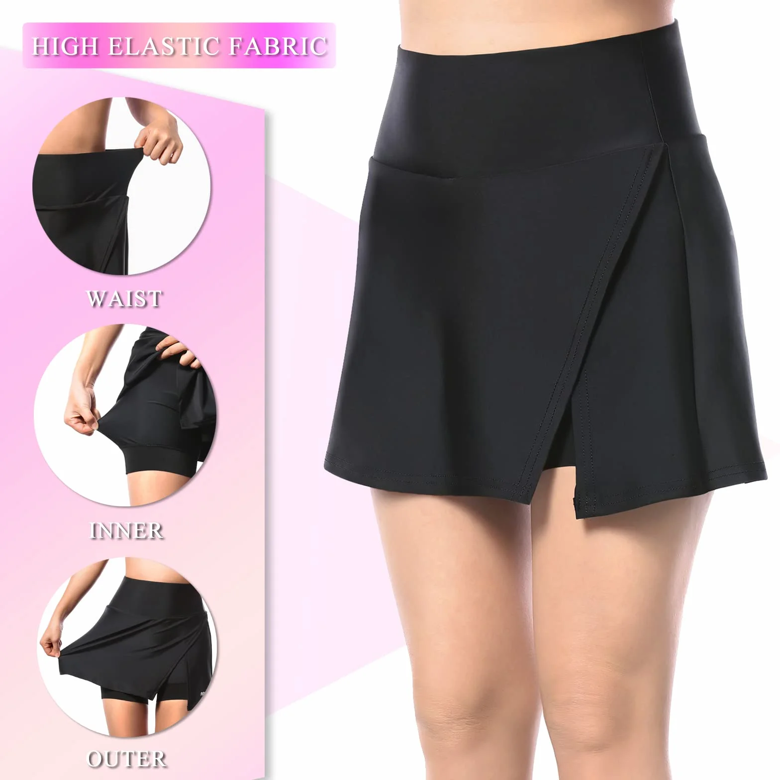 Wyściełane Spodenki Rowerowe 2 w 1 Damskie Skort Rowerowy z Podkładką Żelową 5D, Damskie Spodenki Rowerowe z Wysokim Stanem i Kieszeniami (Size: S, Color: Czerwony)