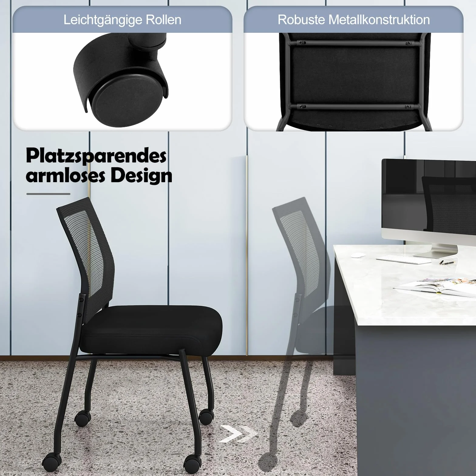 COSTWAY Krzesła konferencyjne, zestaw 2 sztuk, krzesła dla gości z kółkami, siatkowe oparcie i wyściełane siedzisko, krzesła bez rękawów do układania w stos, do biura, na konferencję, czarne