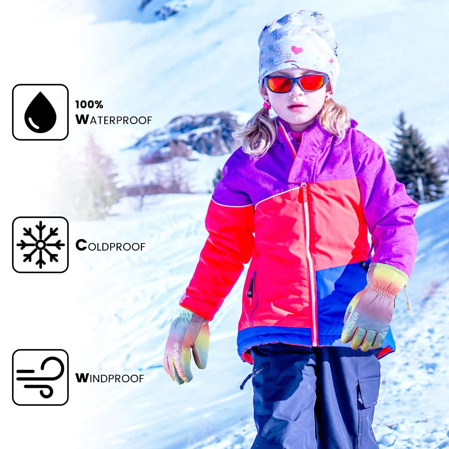 Dziecięce zimowe rękawiczki narciarskie, wodoodporne, antypoślizgowe, pluszowe, termiczne, snowboardowe, kolorowe rękawiczki dla dzieci, dziewcząt i chłopców, wiek 2-8 lat