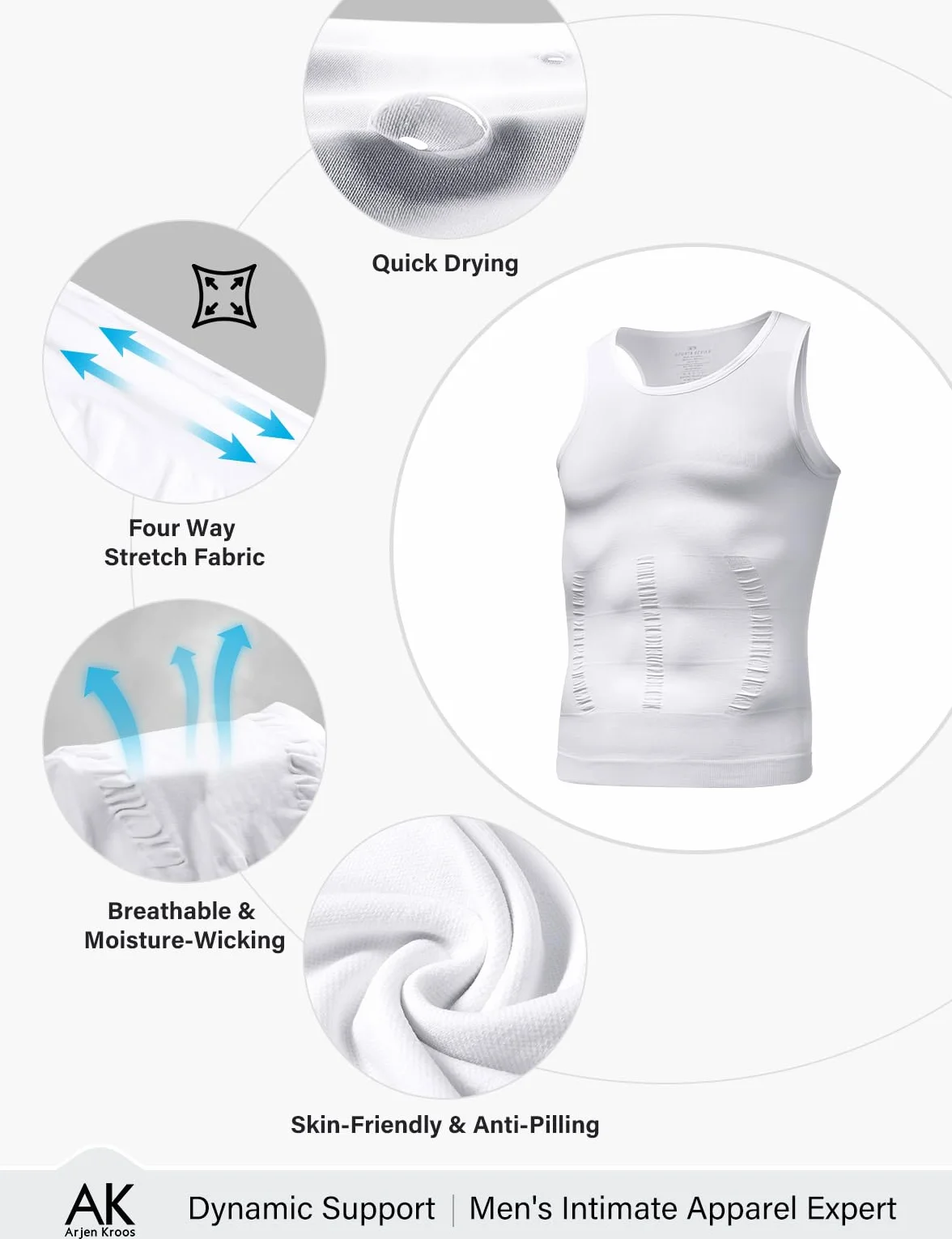 Arjen Kroos Shapewear męska koszulka kompresyjna, elastyczna, wyszczuplająca brzuch, podkoszulek funkcyjny, bez rękawów, A2-biały, XL