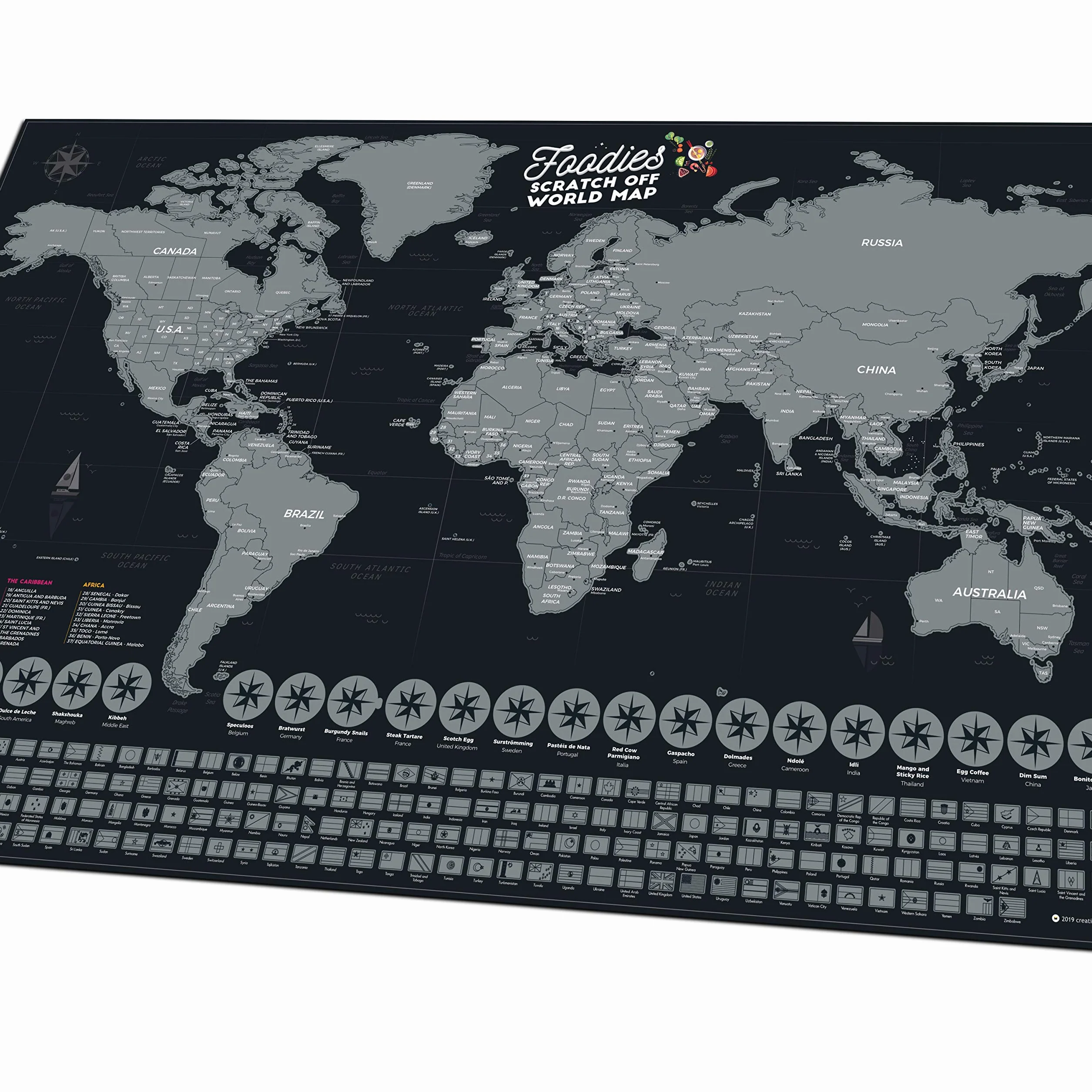 Bonanzana - Mapa świata do zdrapywania XXL - 70 x 42 cm - z 25 produktami spożywczymi i 197 flagami - mapa świata Foodies ze skrobakiem - Scratch off World Map - prezent