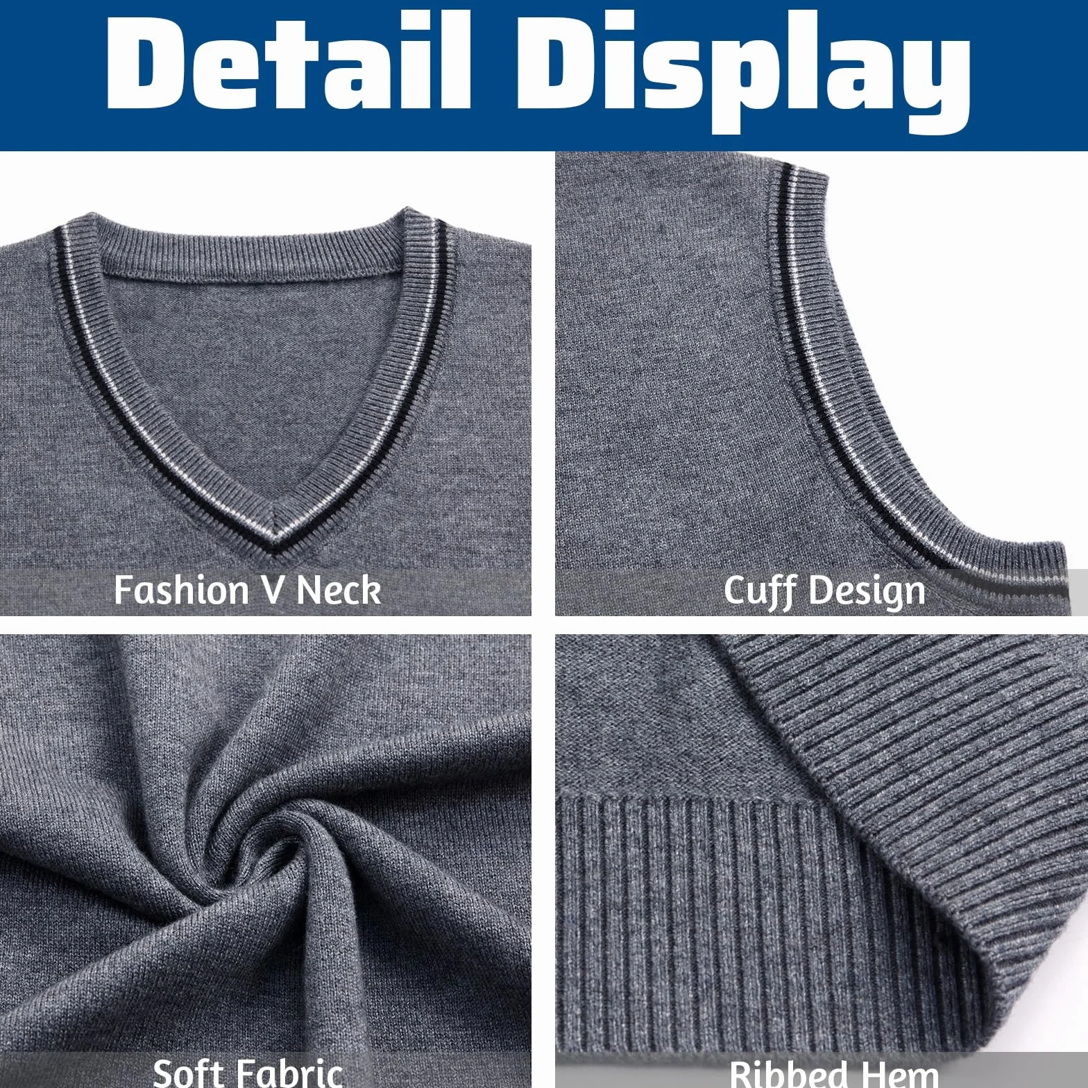 Męski sweter bez rękawów z dekoltem w serek kamizelka z dzianiny odzież wierzchnia kamizelka klasyczna biznesowa dzianina slipover sweter tank topy, ciemnoszary, XL