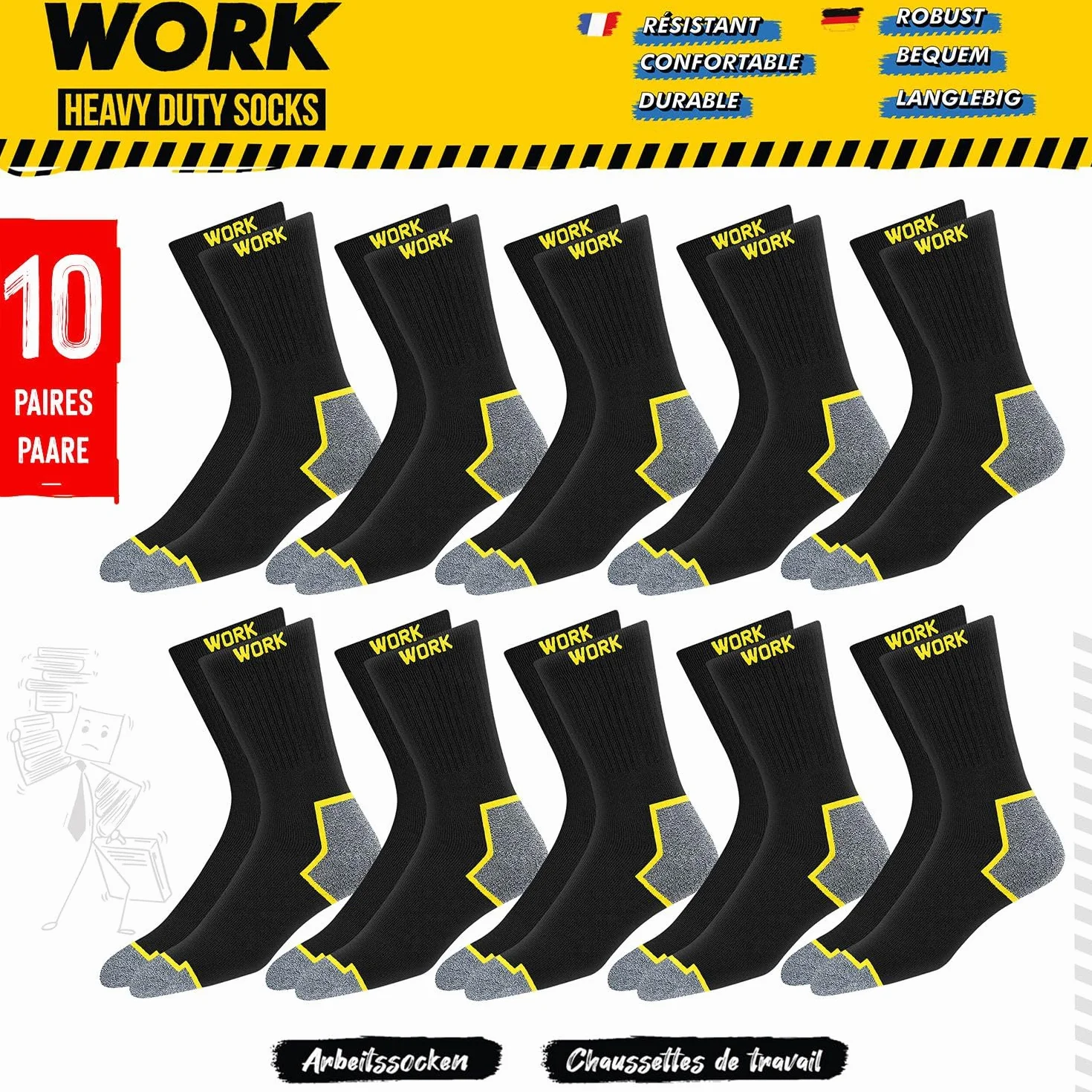 SOXCO 10 par męskie skarpety robocze zestaw, czarny, 10 par WORK Socks