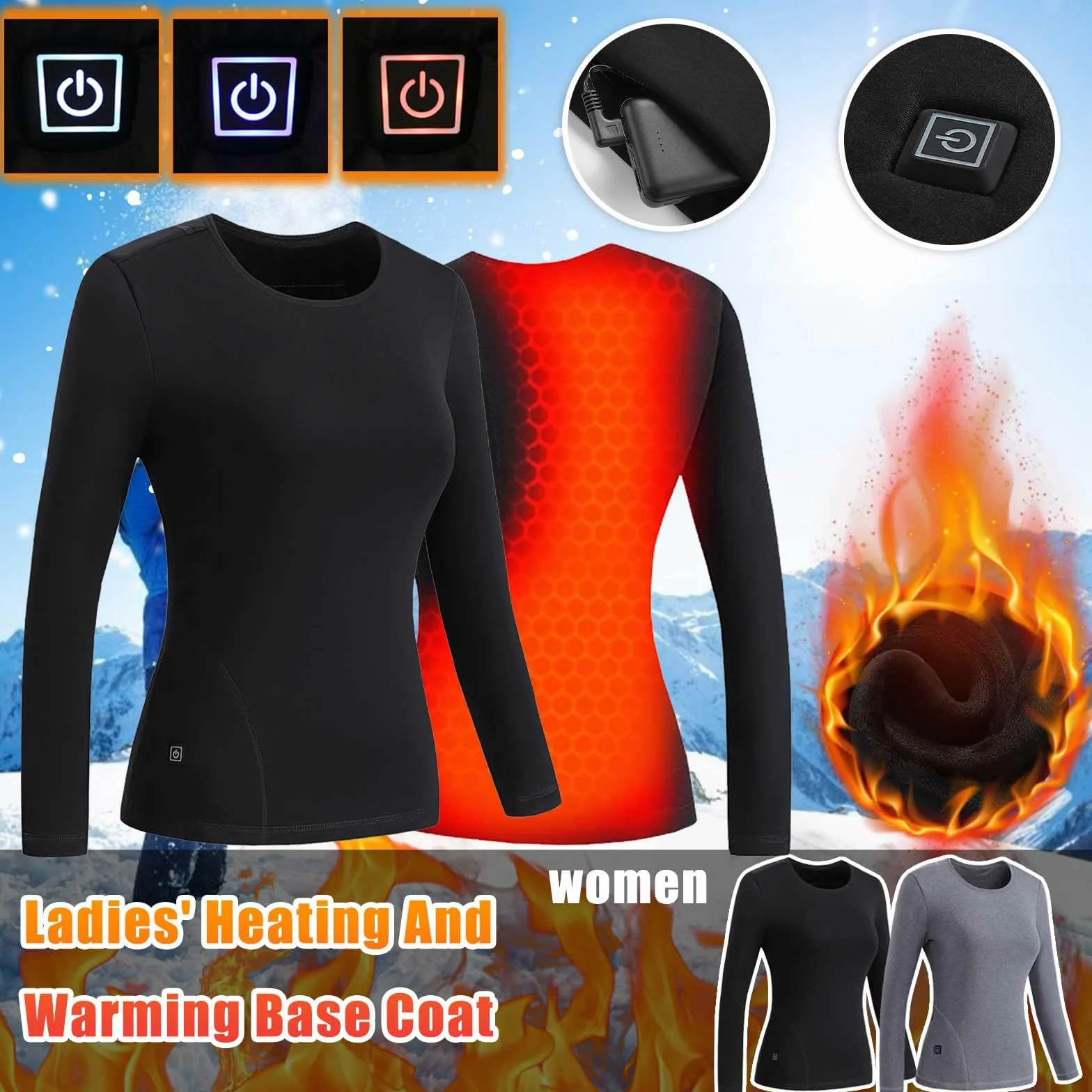 Zimowa Podgrzewana Bielizna Termiczna Dla Kobiet, Podgrzewane Koszulki Termiczne Z Długim Rękawem USB, 3 Poziomy Temperatury, Lekkie Podgrzewane, Na Jesień I Zimę,5XL,Black