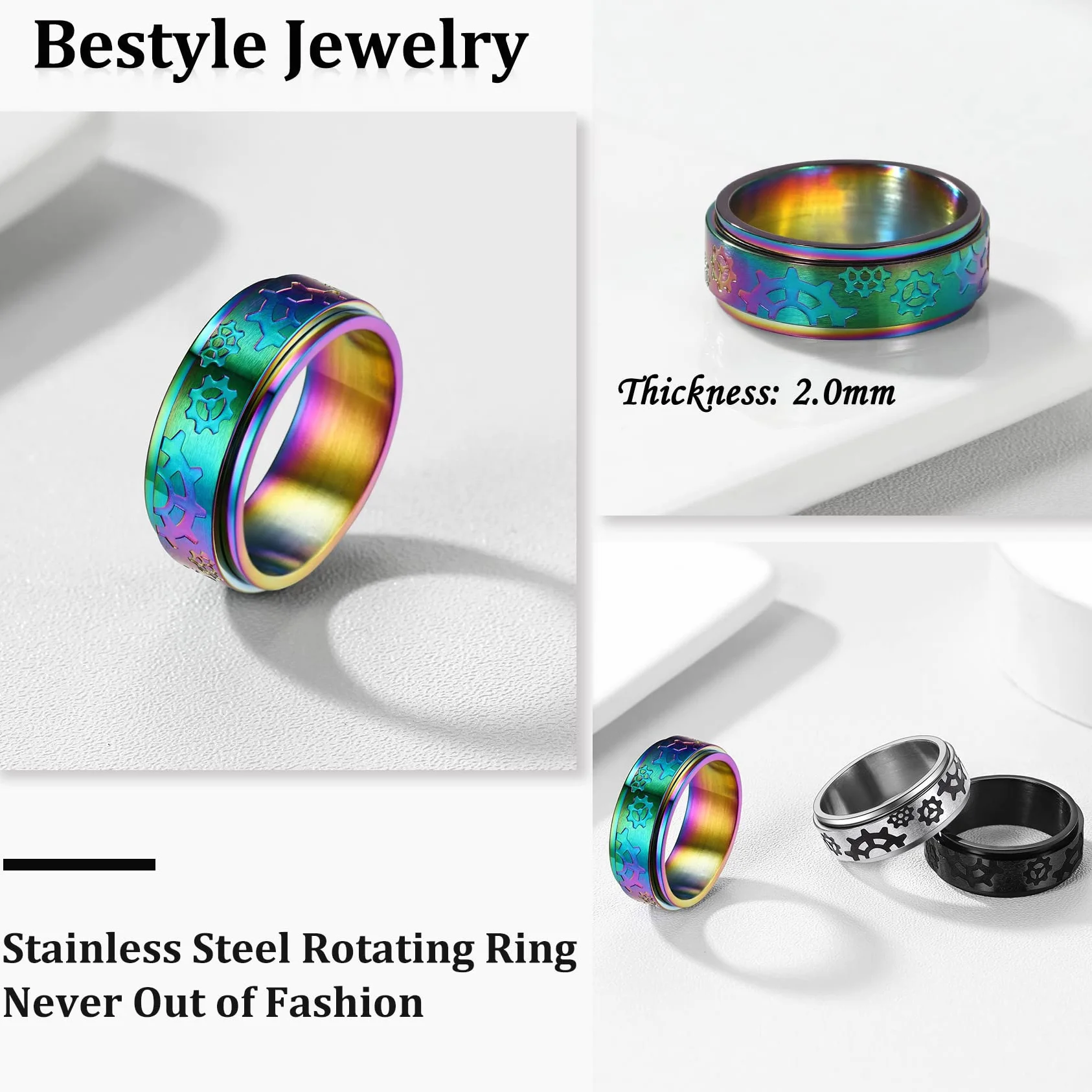 Bestyle Pierścienie Fidget ze stali nierdzewnej, obrotowe, pierścienie przeciwlękowe, dla mężczyzn i kobiet, biżuteria Fidget, rozmiar 7-14