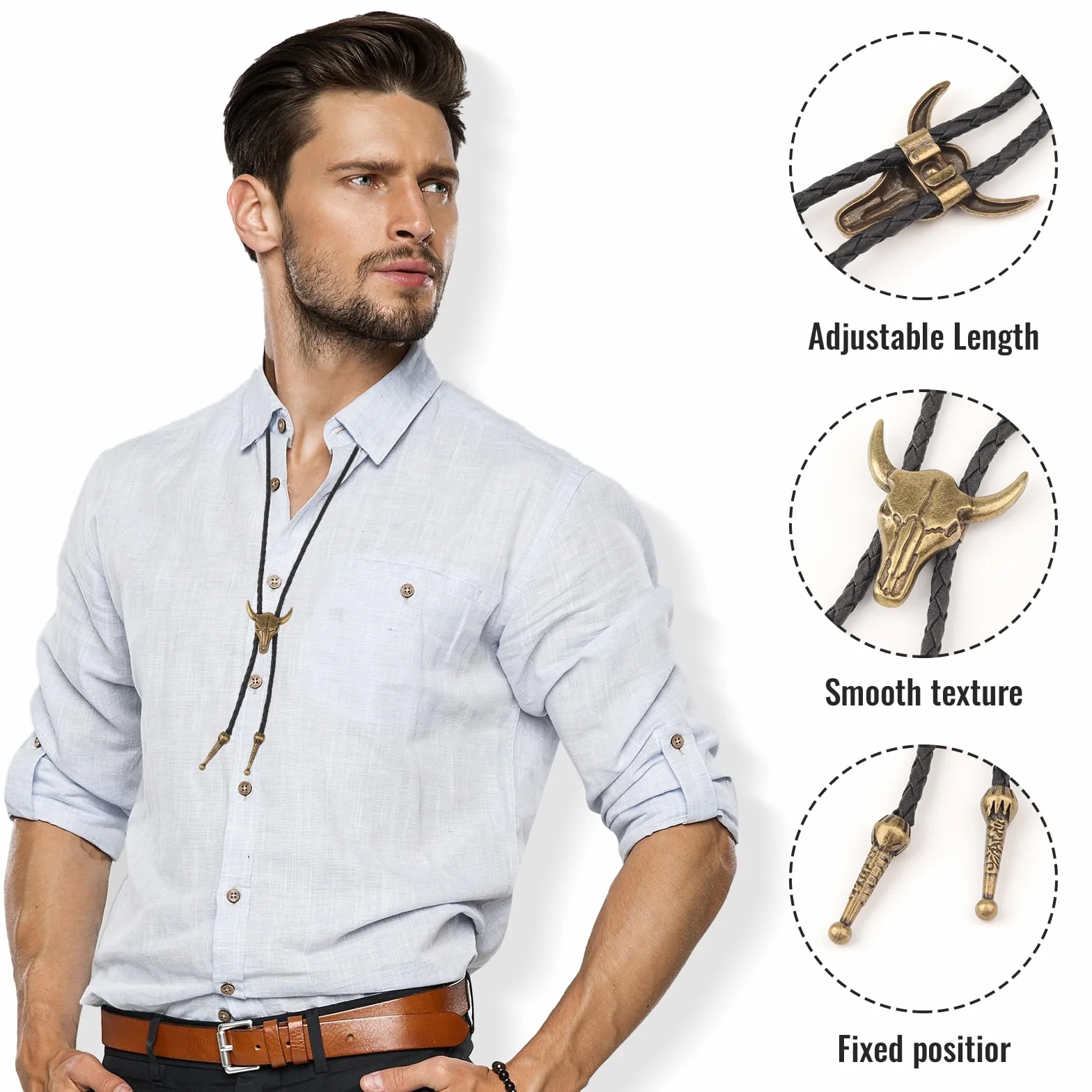 2 sztuki kostiumu Bolo Tie, męski kostium kowbojski, koszula kowbojska, męski strój westernowy, kamizelka kowbojska, regulowany łańcuszek na szyję, skórzany wisiorek rodeo dla kobiet i