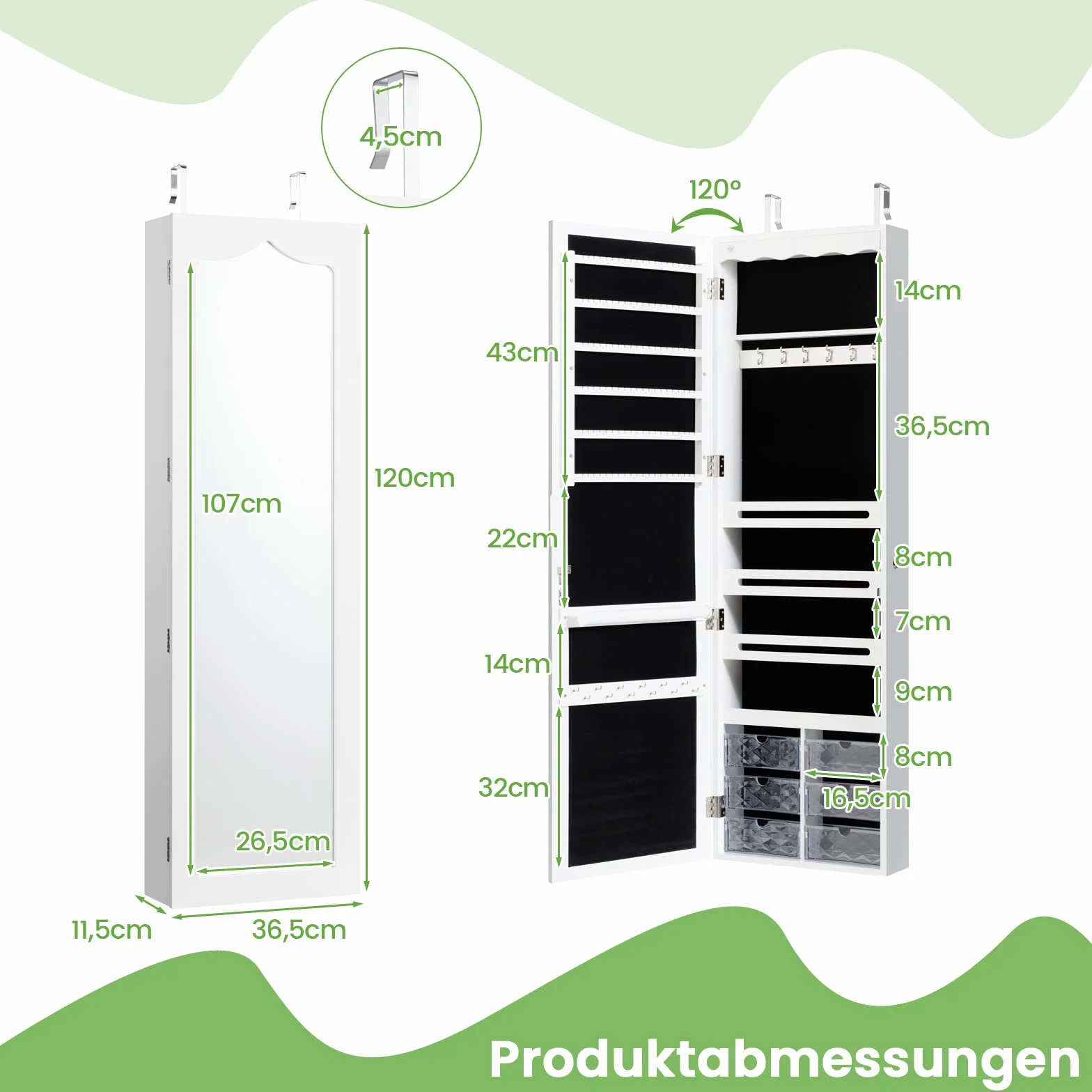 COSTWAY Szafka wisząca na biżuterię, z oświetleniem LED, lustrem i 6 szufladami, szafka wisząca do montażu na drzwiach i ścianie, szafka na biżuterię i kosmetyki, biała