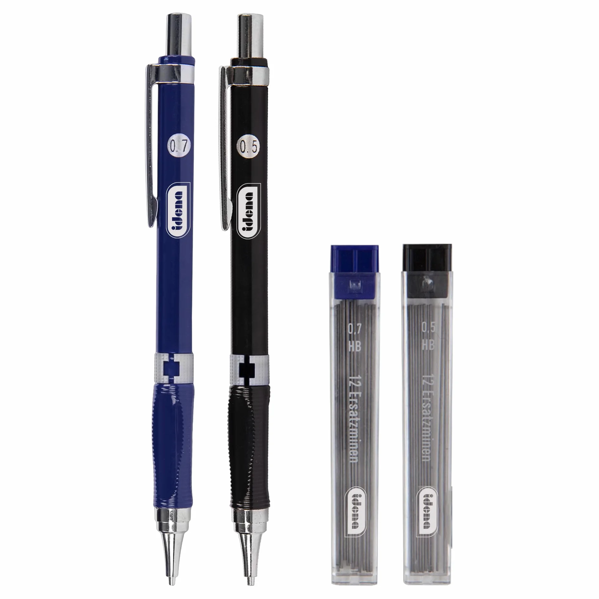 Idena 12145 - Zestaw ołówków mechanicznych, 2 sztuki, 0,5 i 0,7 mm, każdy z 12 zapasowymi końcówkami